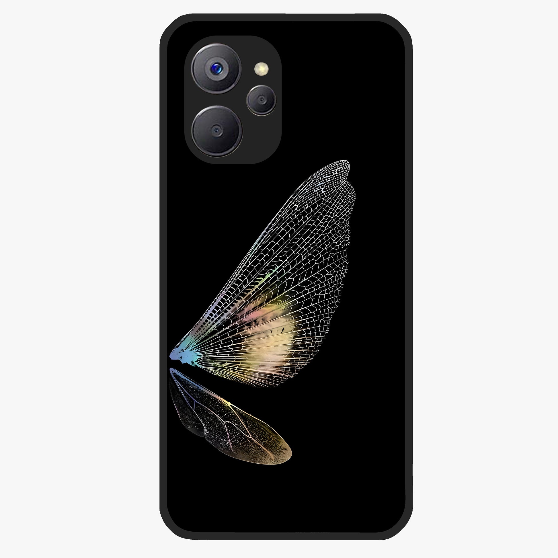 Whispers Of Wings Glass Case showing flat back view with graceful wing inspired artwork and glossy glass finish.