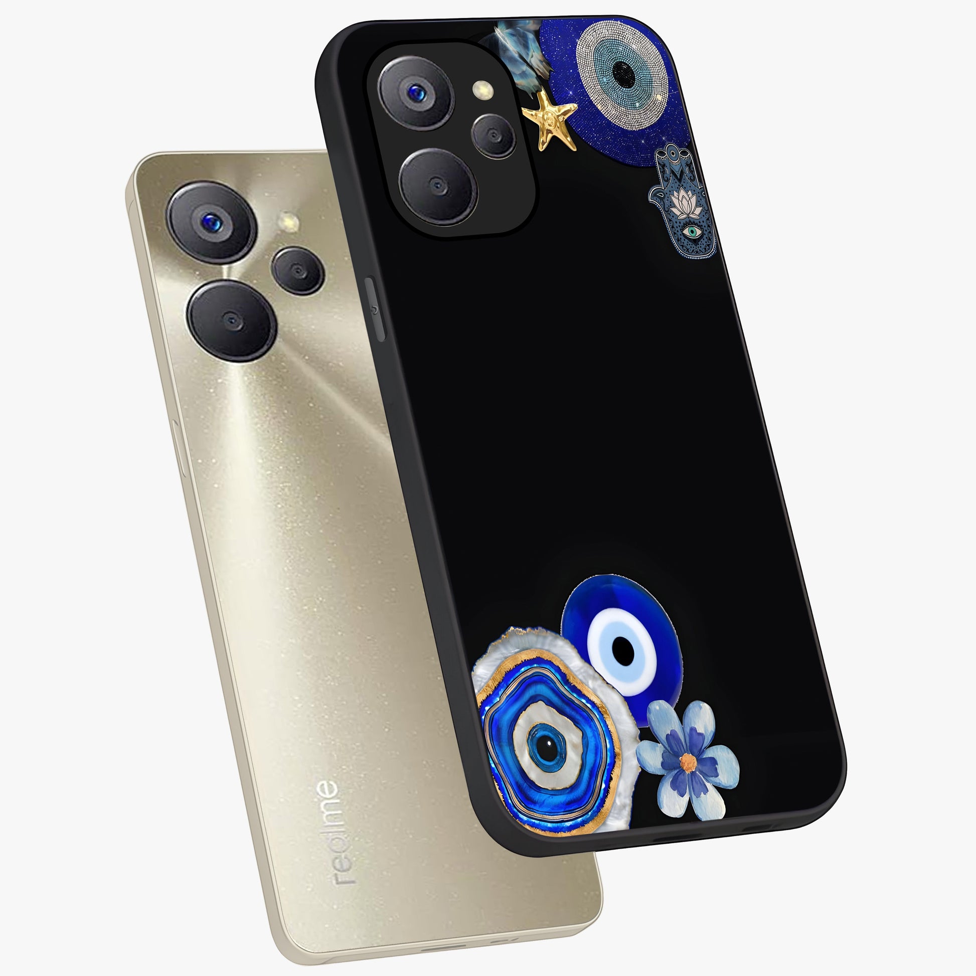 Aesthetic Blue Evil Eye Glass Case displayed in angled mockup highlighting blue evil eye symbol and spiritual aesthetic design.