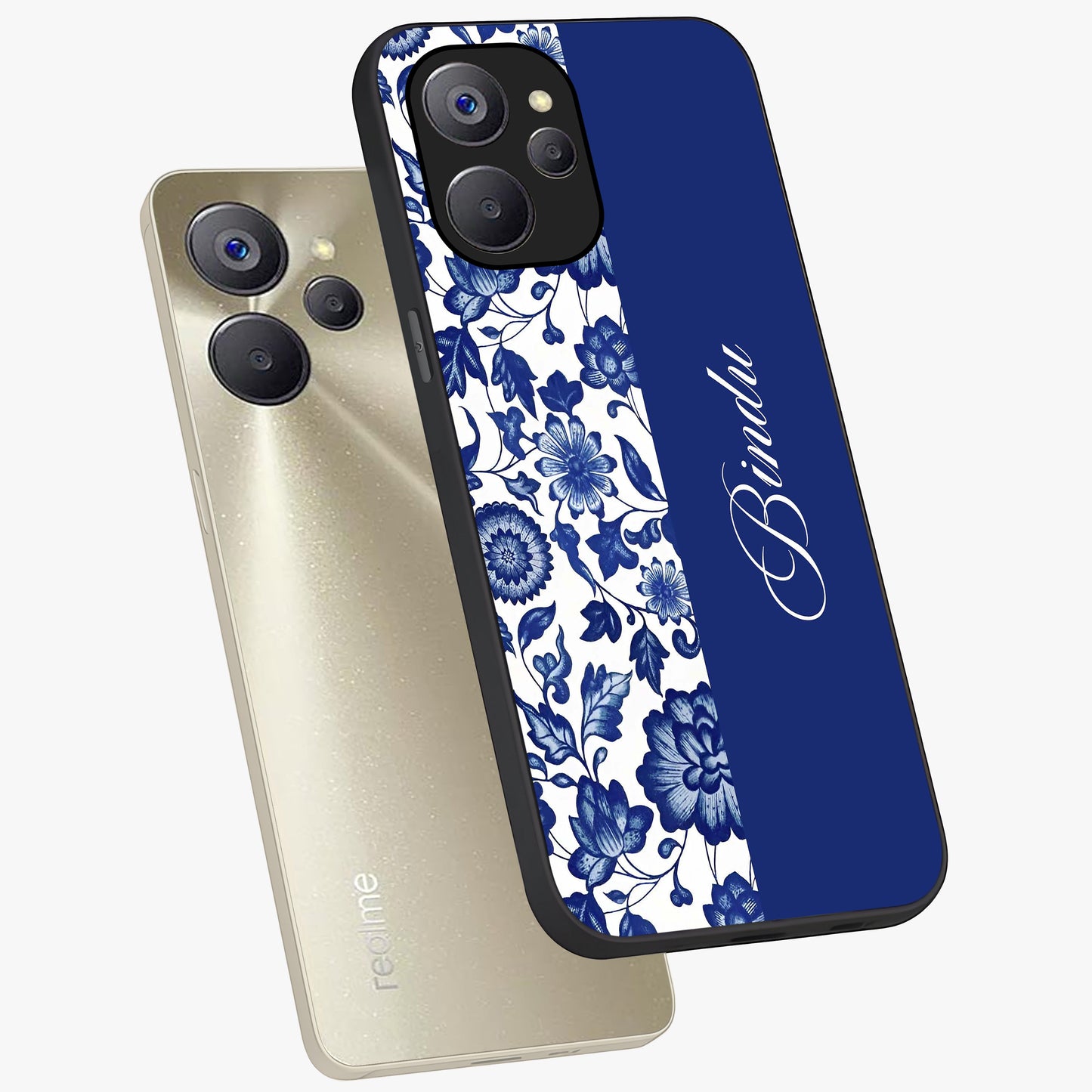 Blue Vintage Floral Pattern Glass Case displayed in angled mockup highlighting subtle bloom pattern with aesthetic pastel design.