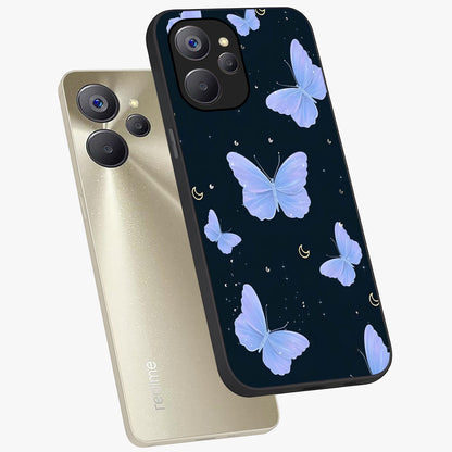 Butterfly With Stars Pattern Glass Case displayed in angled mockup highlighting dreamy butterfly and star design with aesthetic theme.