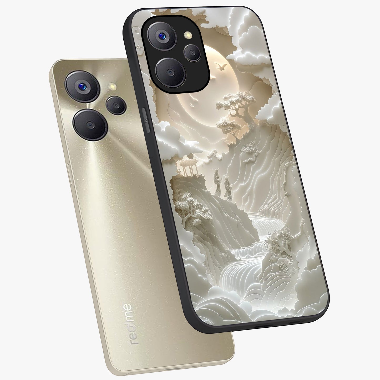 Celestial Origami Glass Case displayed in angled mockup highlighting geometric origami design with cosmic aesthetic theme.