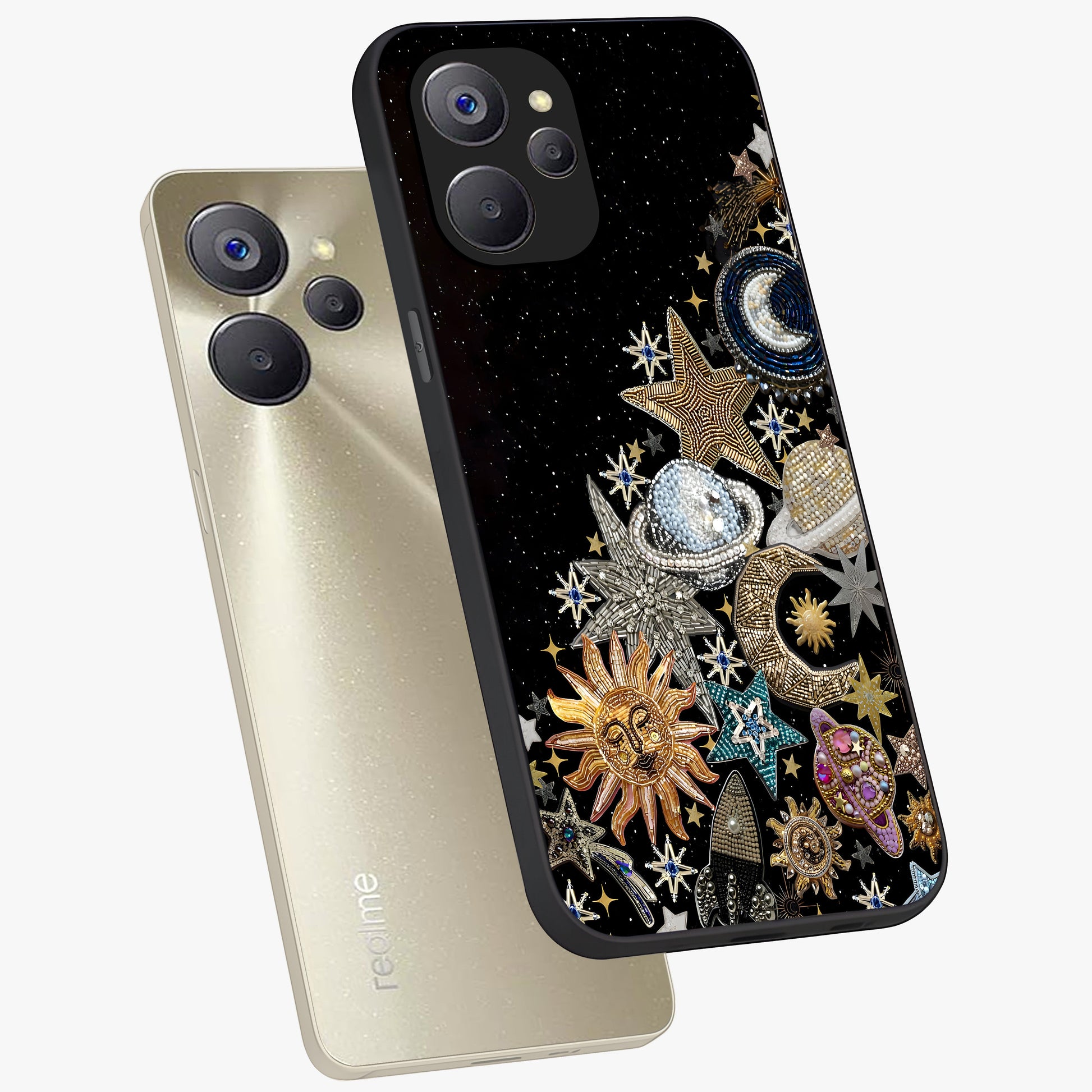 Cosmic Sparkle Dreams Glass Case displayed in angled mockup highlighting dreamy star sparkle design with celestial aesthetic.