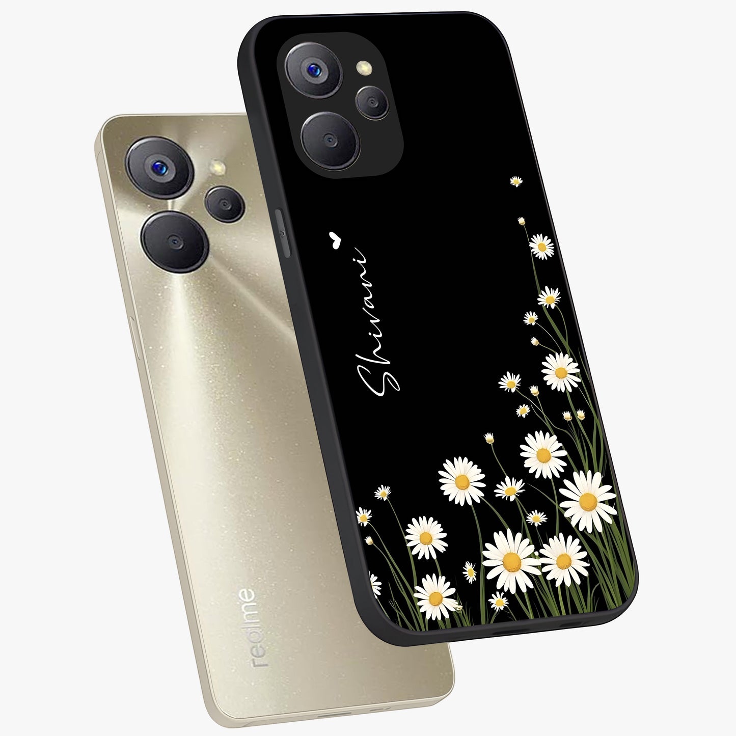 Daisy Cascade Custom Name Glass Case displayed in angled mockup highlighting delicate daisy artwork with custom name feature.