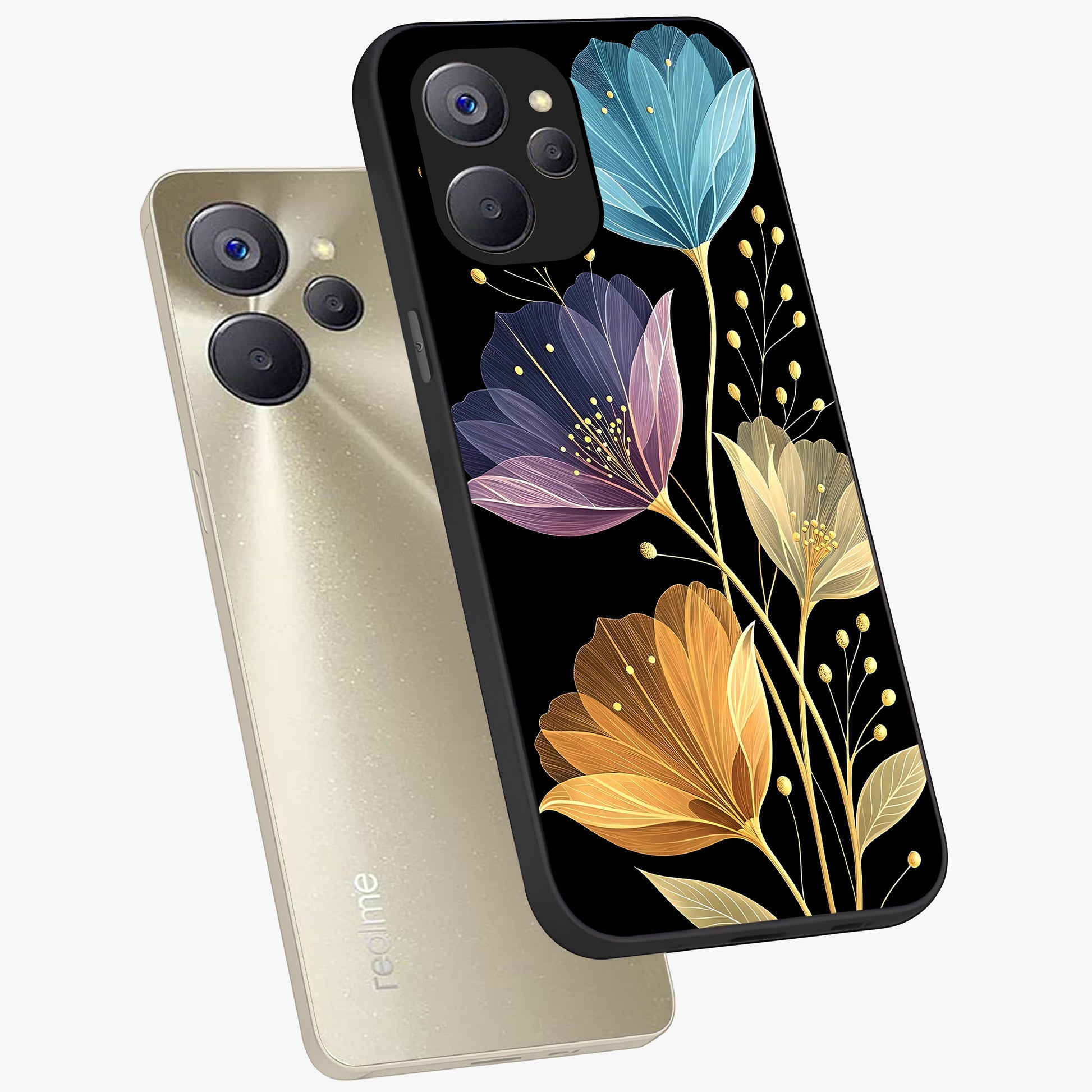Delicate Multicolor Flowers Glass Case displayed in angled mockup highlighting colorful flower pattern with soft aesthetic style.