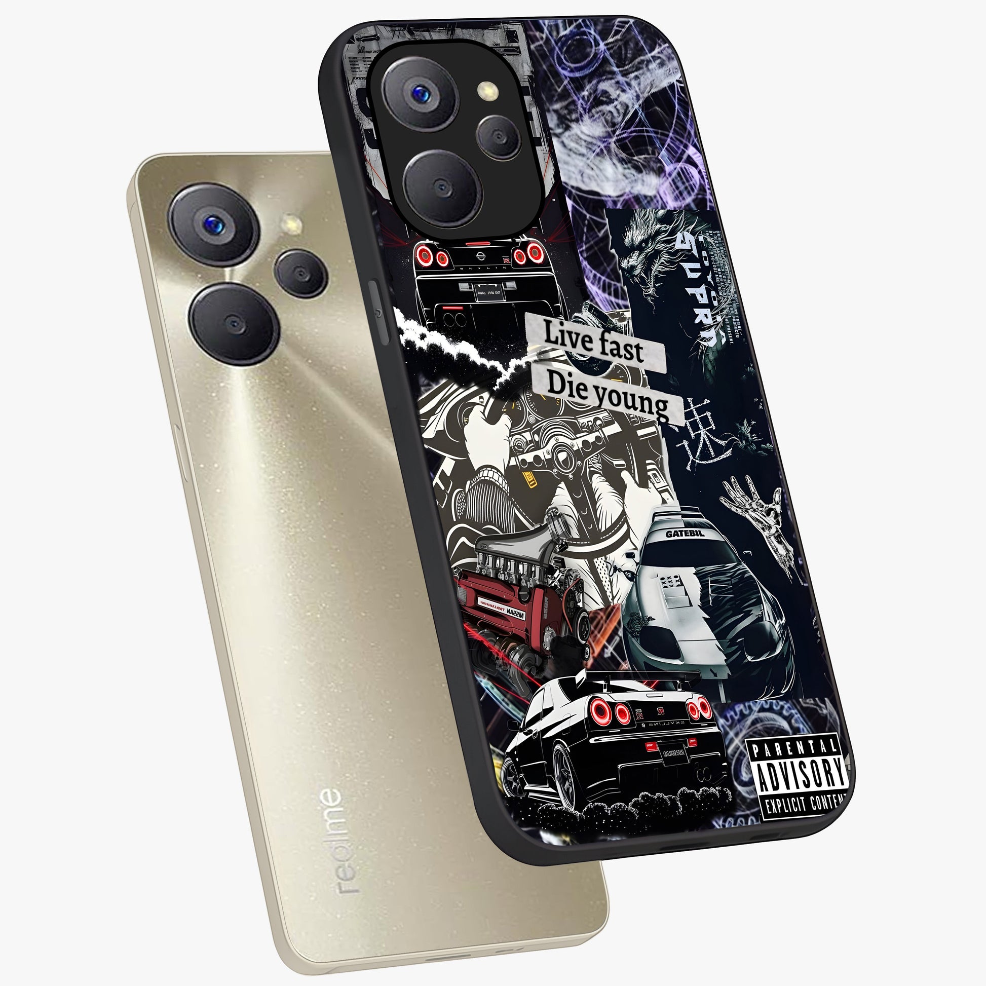 Die Young Glass Case displayed in angled mockup highlighting expressive graphic artwork with edgy aesthetic style.