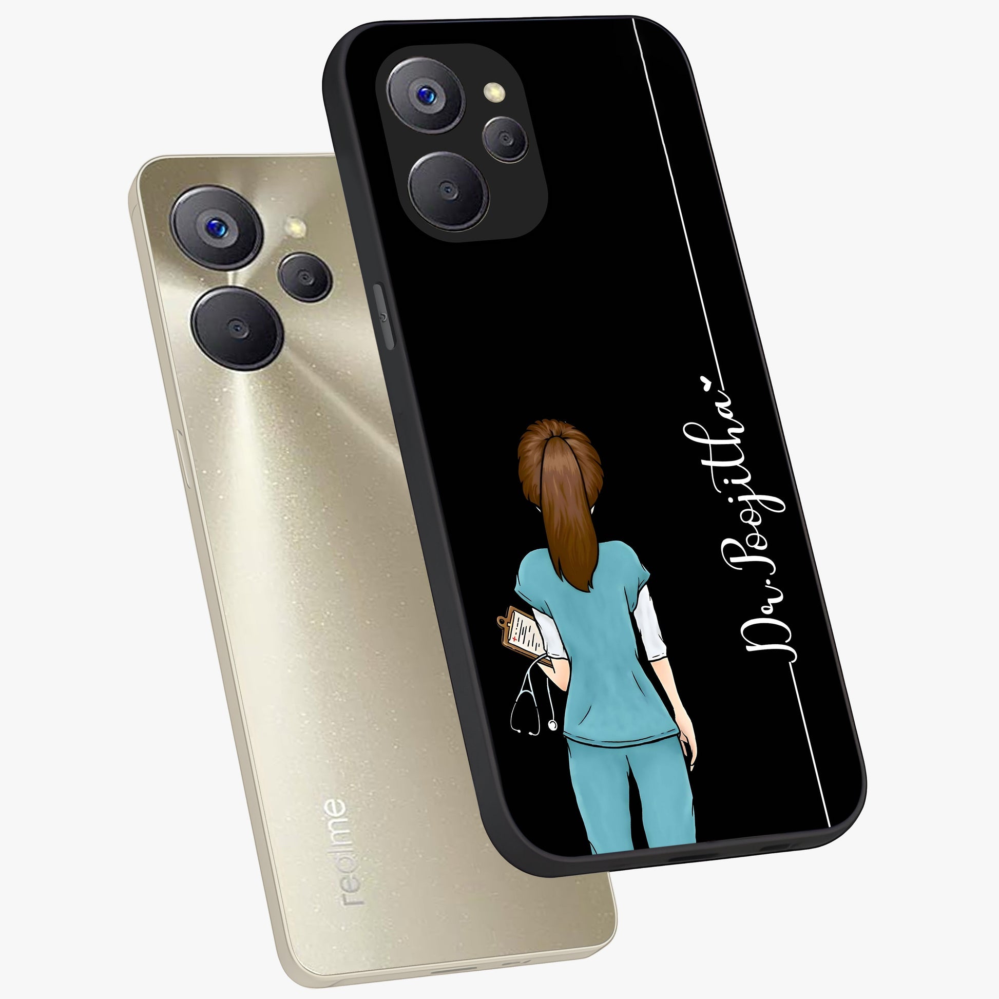 Doctor Pattern Custom Name Glass Case displayed in angled mockup highlighting doctor inspired artwork with custom name feature.