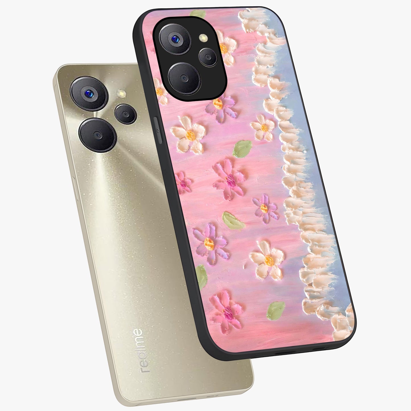 Dreamy Painted Garden Glass Case displayed in angled mockup highlighting colorful garden illustration with dreamy aesthetic style.