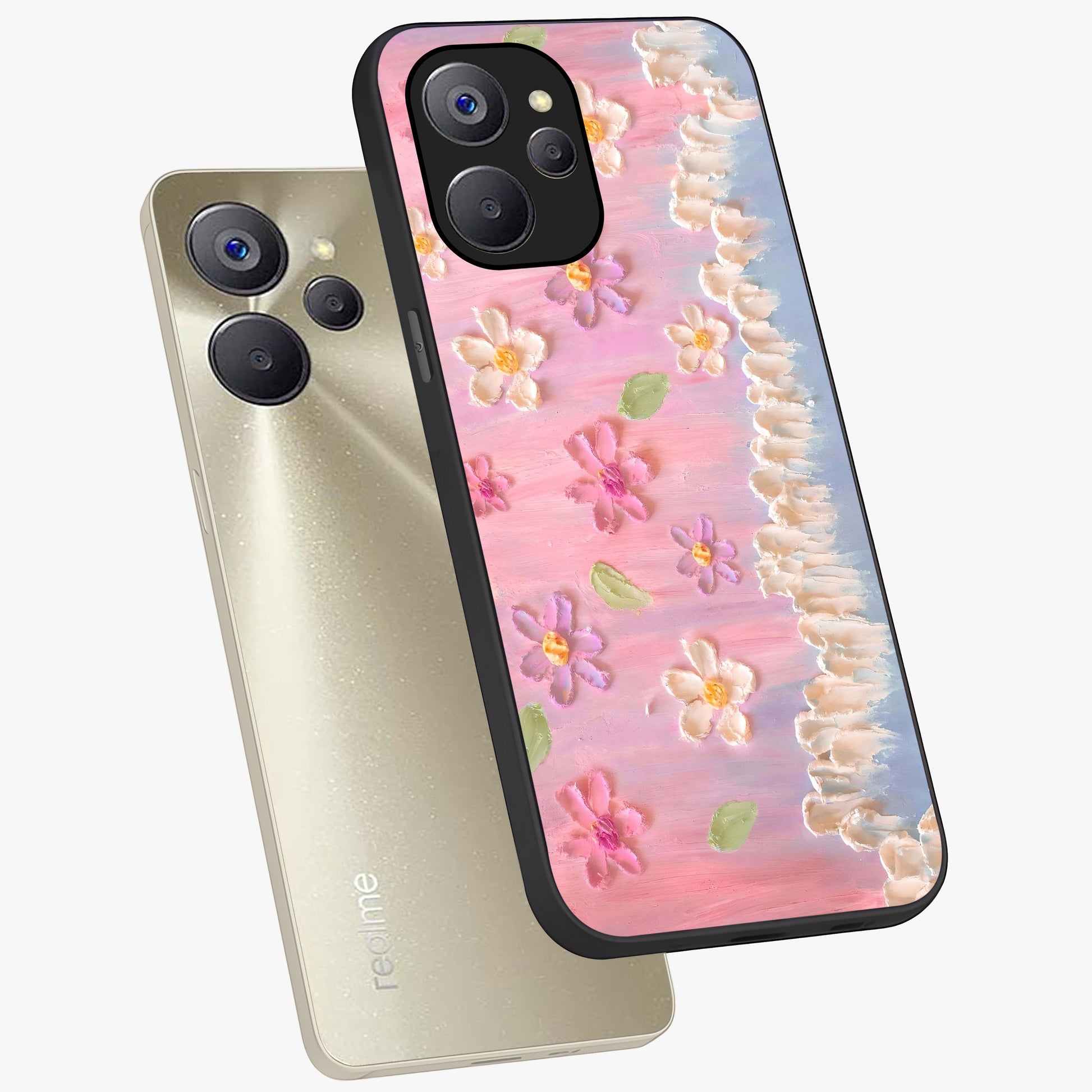 Dreamy Painted Garden Glass Case displayed in angled mockup highlighting colorful garden illustration with dreamy aesthetic style.