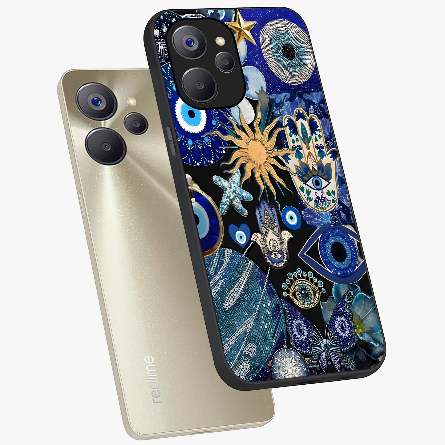 Evil Eye Charm Mix Glass Case displayed in angled mockup highlighting protective evil eye symbols with spiritual aesthetic design.
