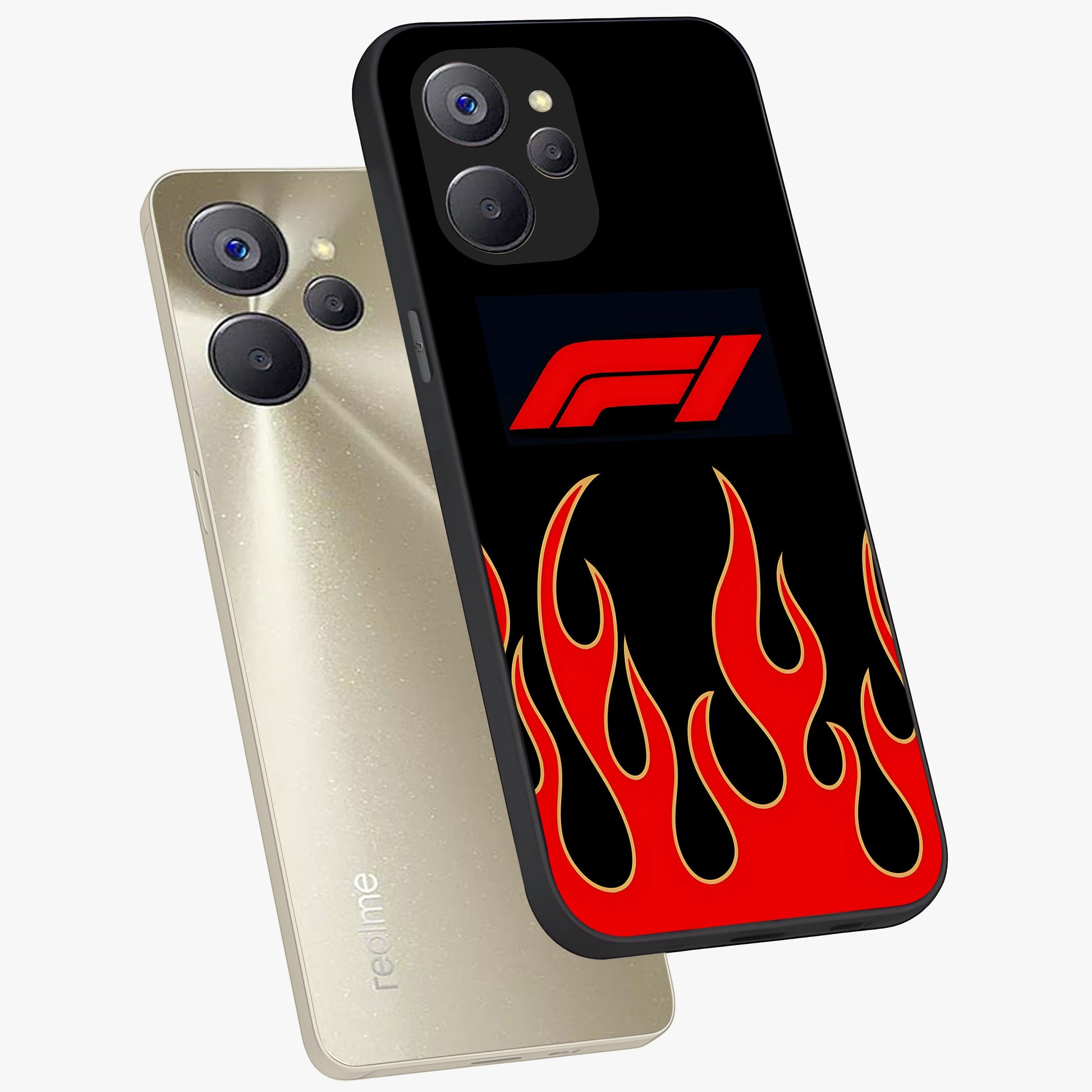 Fire F11 Glass Case displayed in angled mockup highlighting bold fire inspired graphic with energetic aesthetic style.