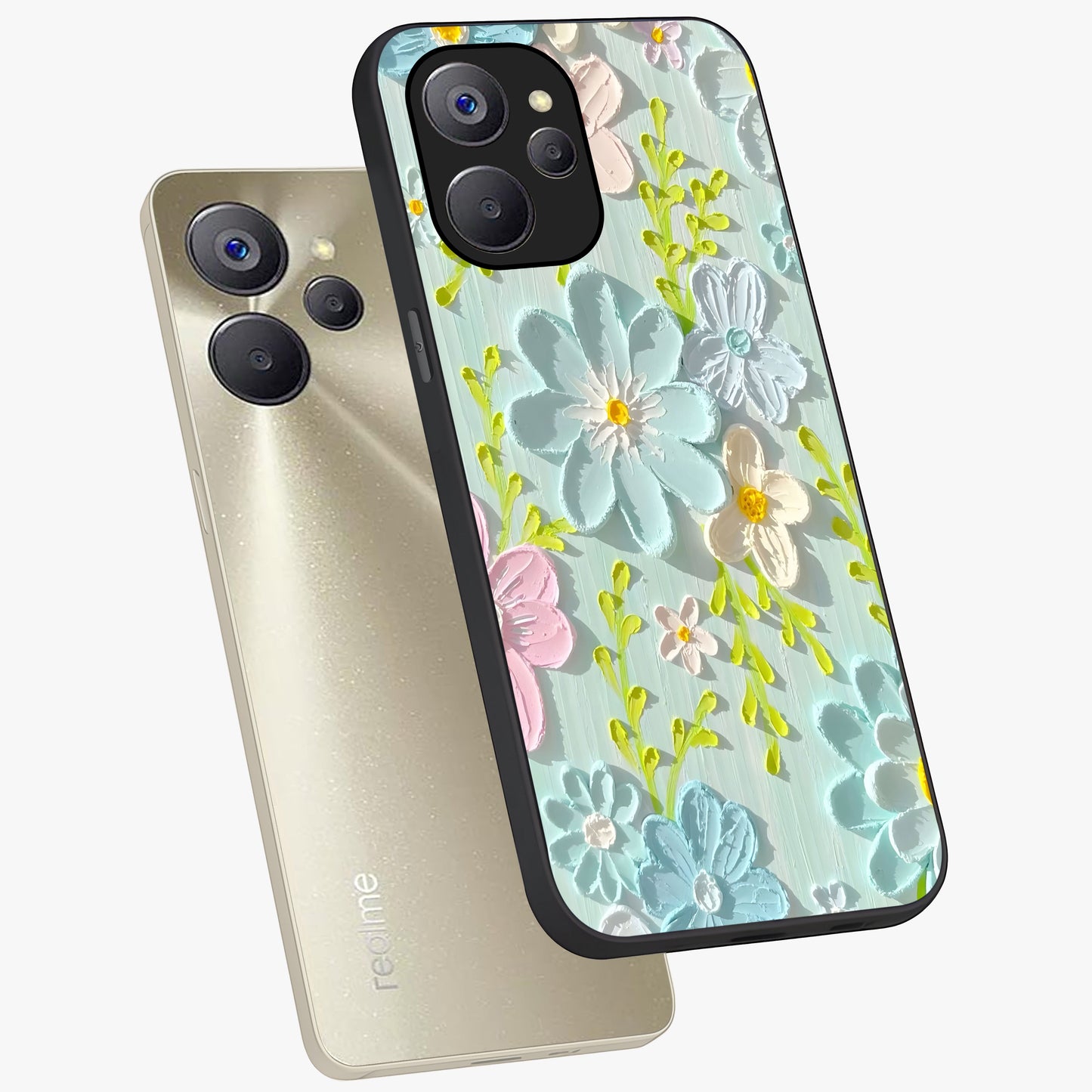 Frosted Petal Garden Glass Case displayed in angled mockup highlighting delicate flower petal design with calm garden aesthetic.