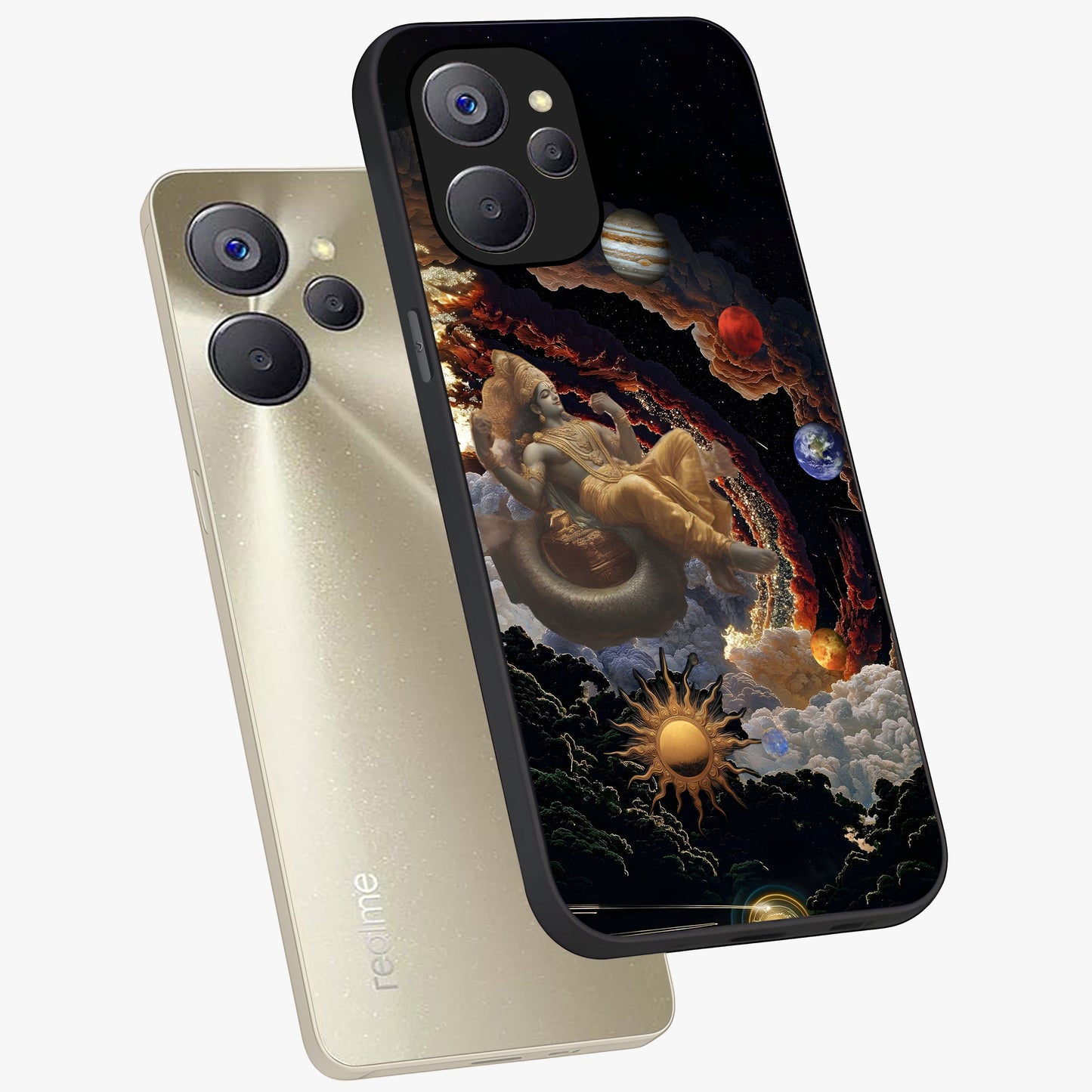 Galactic Divine God Glass Case displayed in angled mockup highlighting powerful celestial deity illustration with galactic aesthetic.