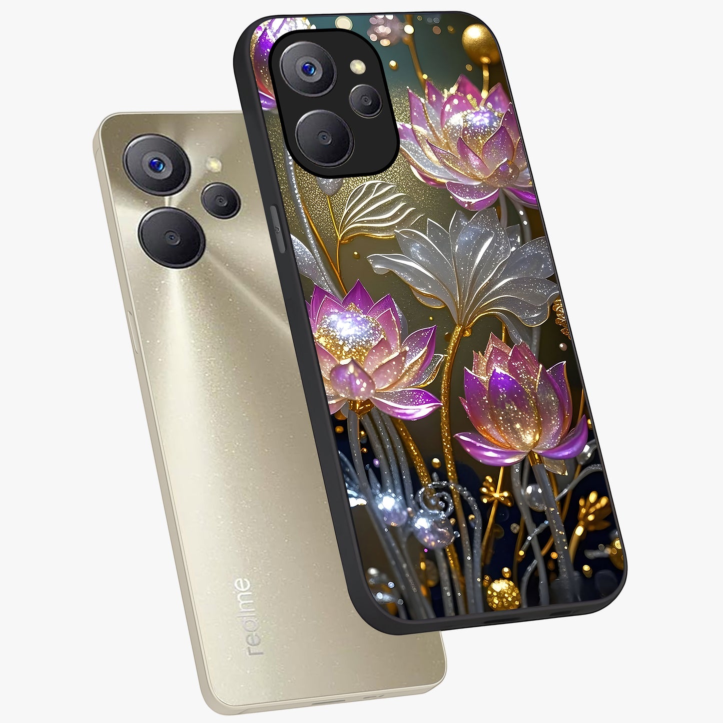 Golden Floral Majesty Glass Case displayed in angled mockup highlighting elegant flower design with royal golden aesthetic.