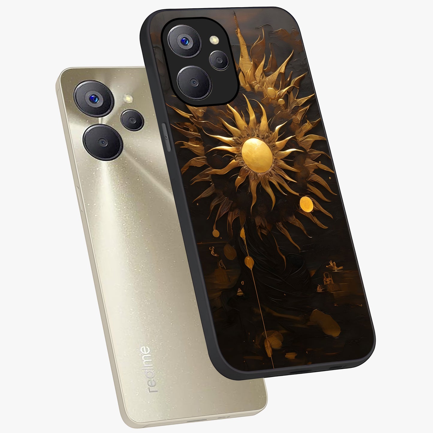 Golden Sun Majesty Glass Case displayed in angled mockup highlighting eerie shadow illustration with gothic aesthetic.