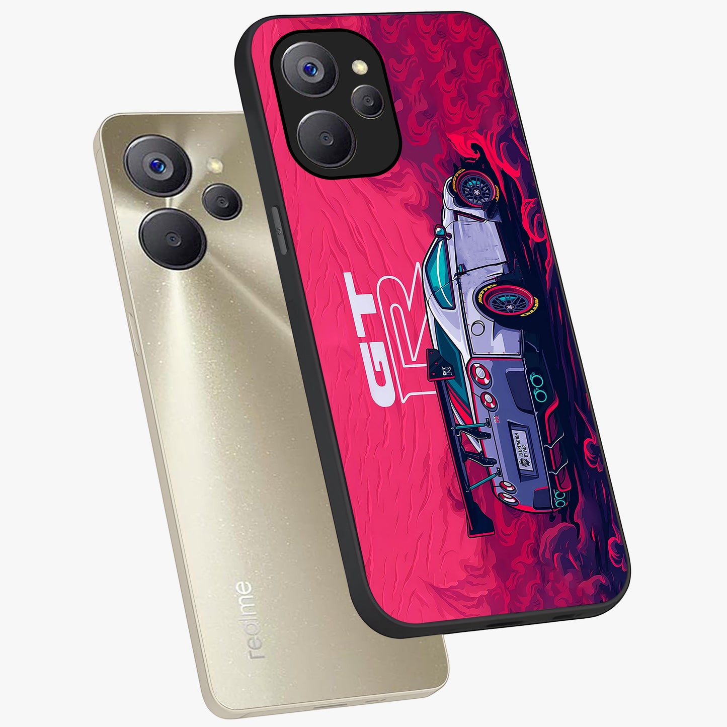 GT-R Car Pattern Glass Case displayed in angled mockup highlighting racing car graphic design with bold automotive aesthetic.