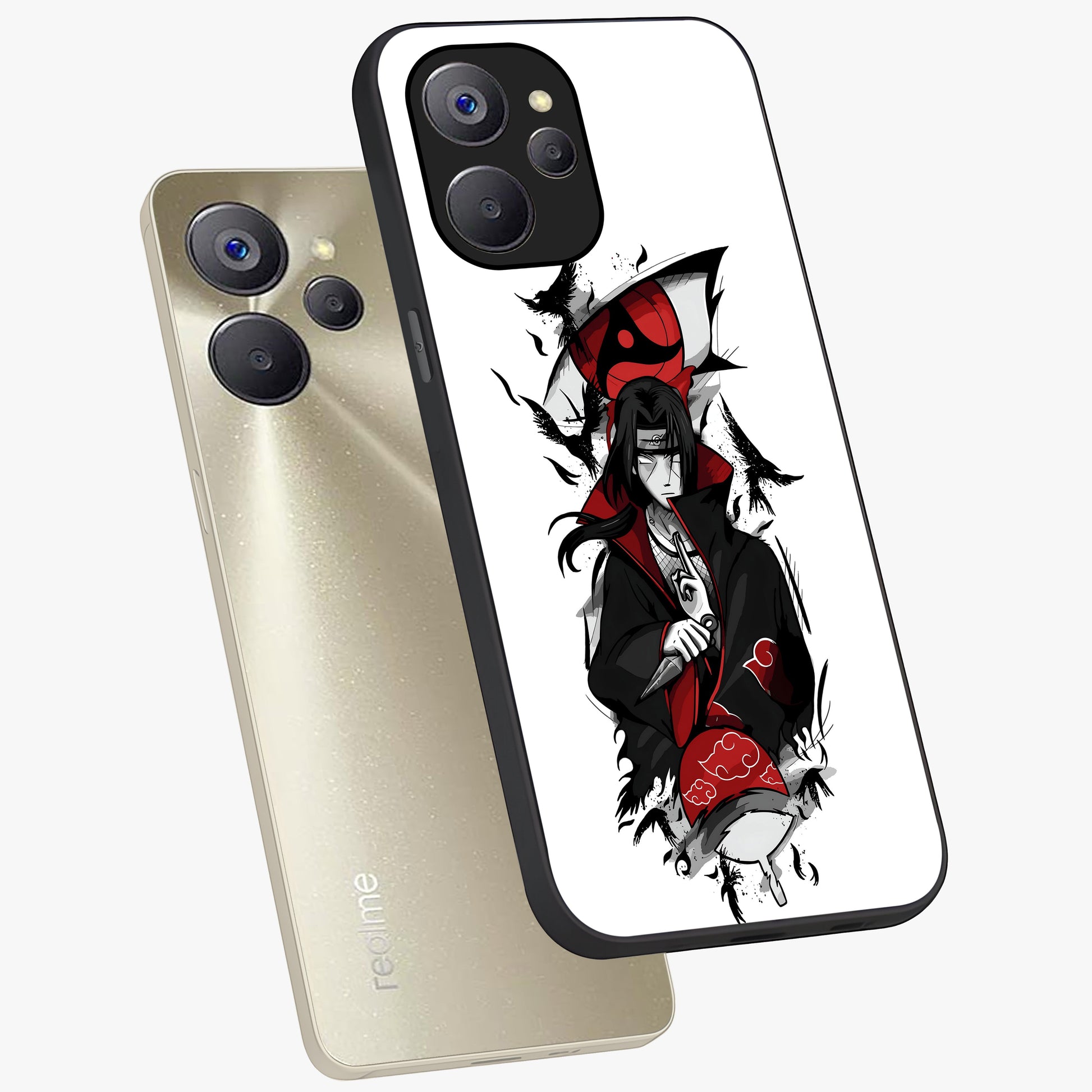 Itachi Limited Edition Naruto Anime Glass Case displayed in angled mockup highlighting dramatic anime illustration with bold action aesthetic.