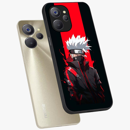 Kakashi Scarlet Shadow Glass Case displayed in angled mockup highlighting dramatic ninja illustration with scarlet themed aesthetic.