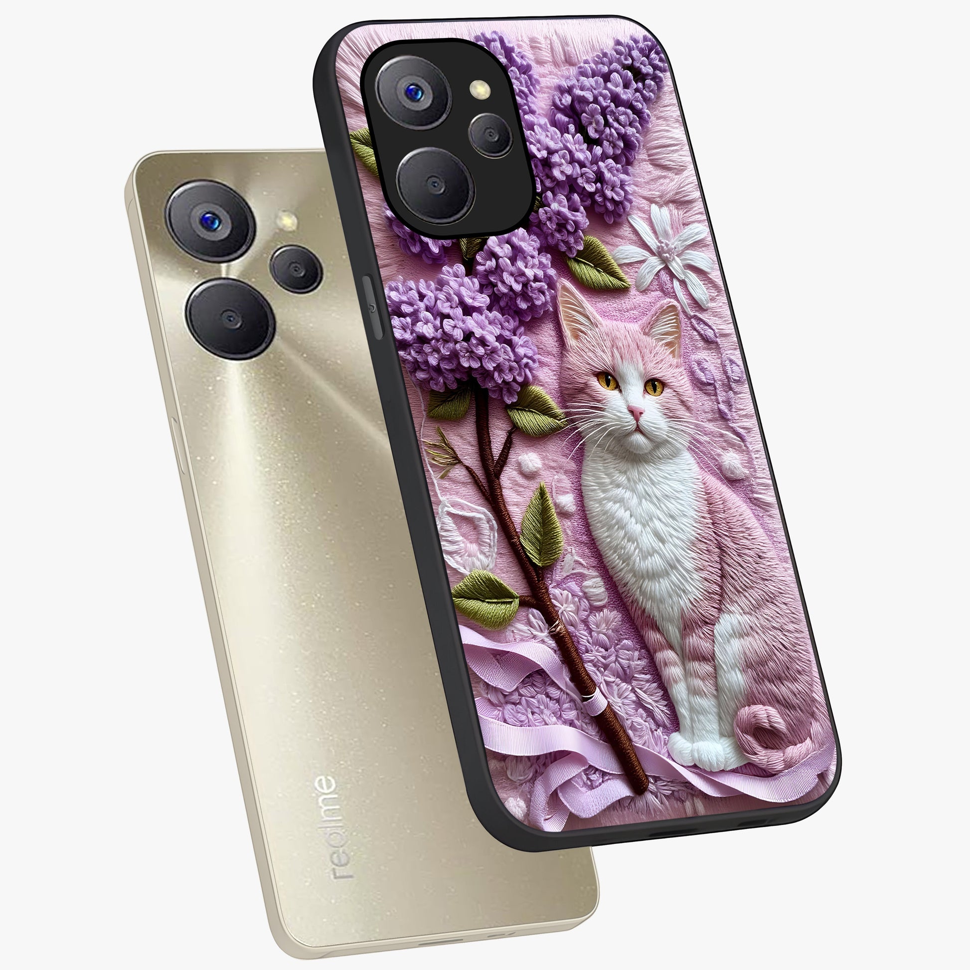 Lavender Cat Whimsy Glass Case displayed in angled mockup highlighting playful feline illustration with pastel lavender aesthetic.