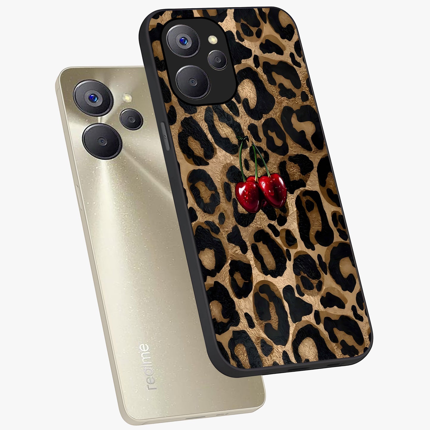 Leopard Wild Cherry Glass Case displayed in angled mockup highlighting bold animal print design with playful cherry aesthetic.