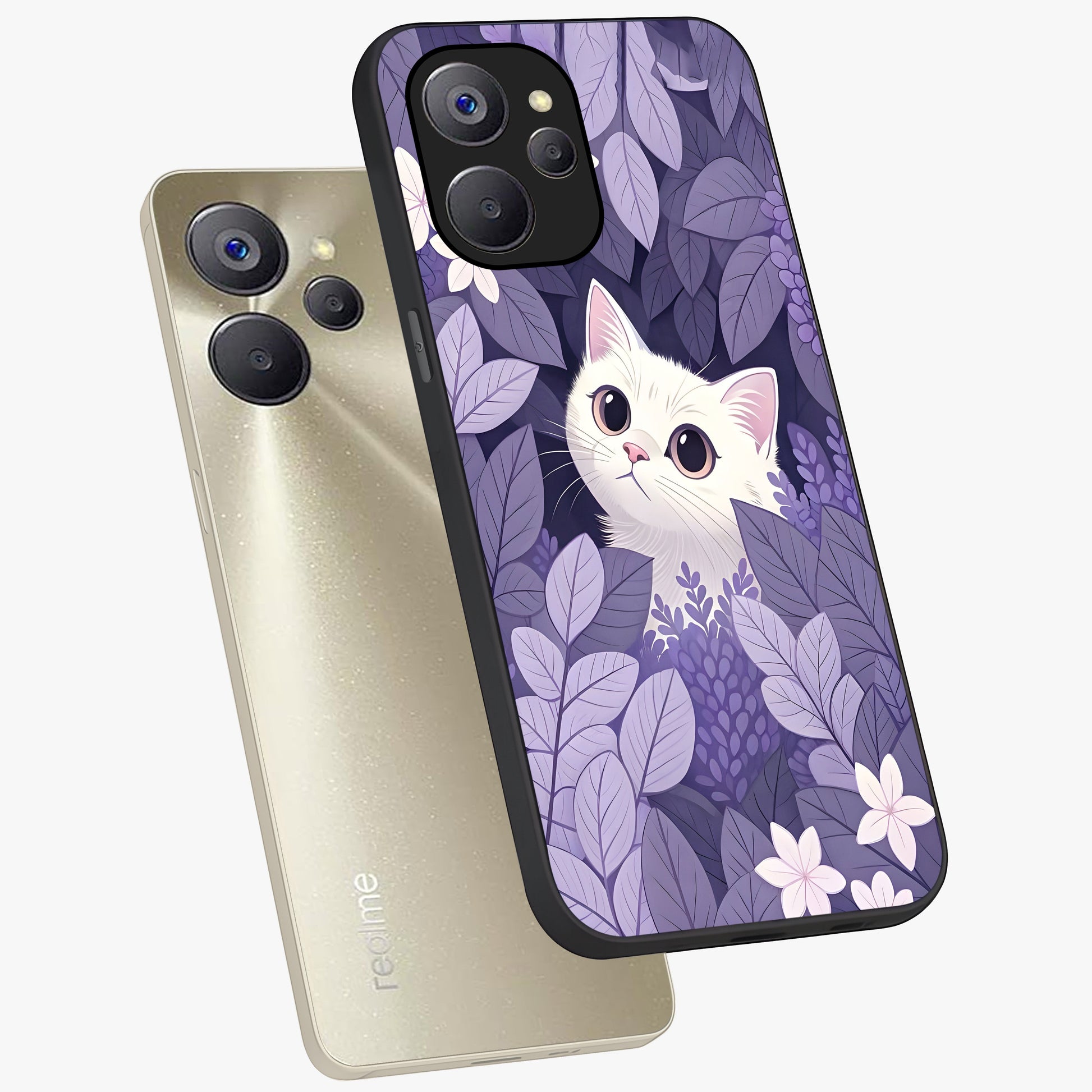 Lilac Hide Peek Cat Glass Case displayed in angled mockup highlighting playful feline illustration with lilac aesthetic design.