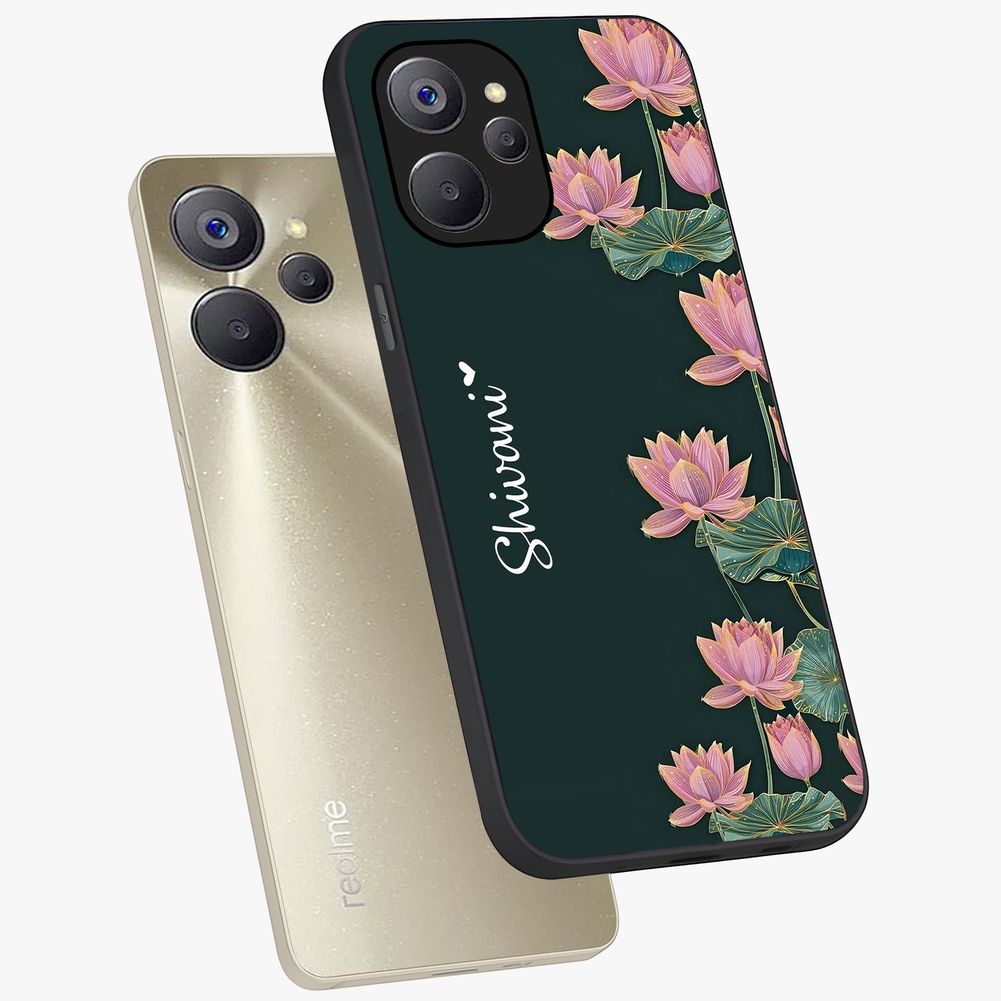 Lotus Bloom Serenity Custom Name Glass Case displayed in angled mockup highlighting graceful lotus illustration with custom name feature.