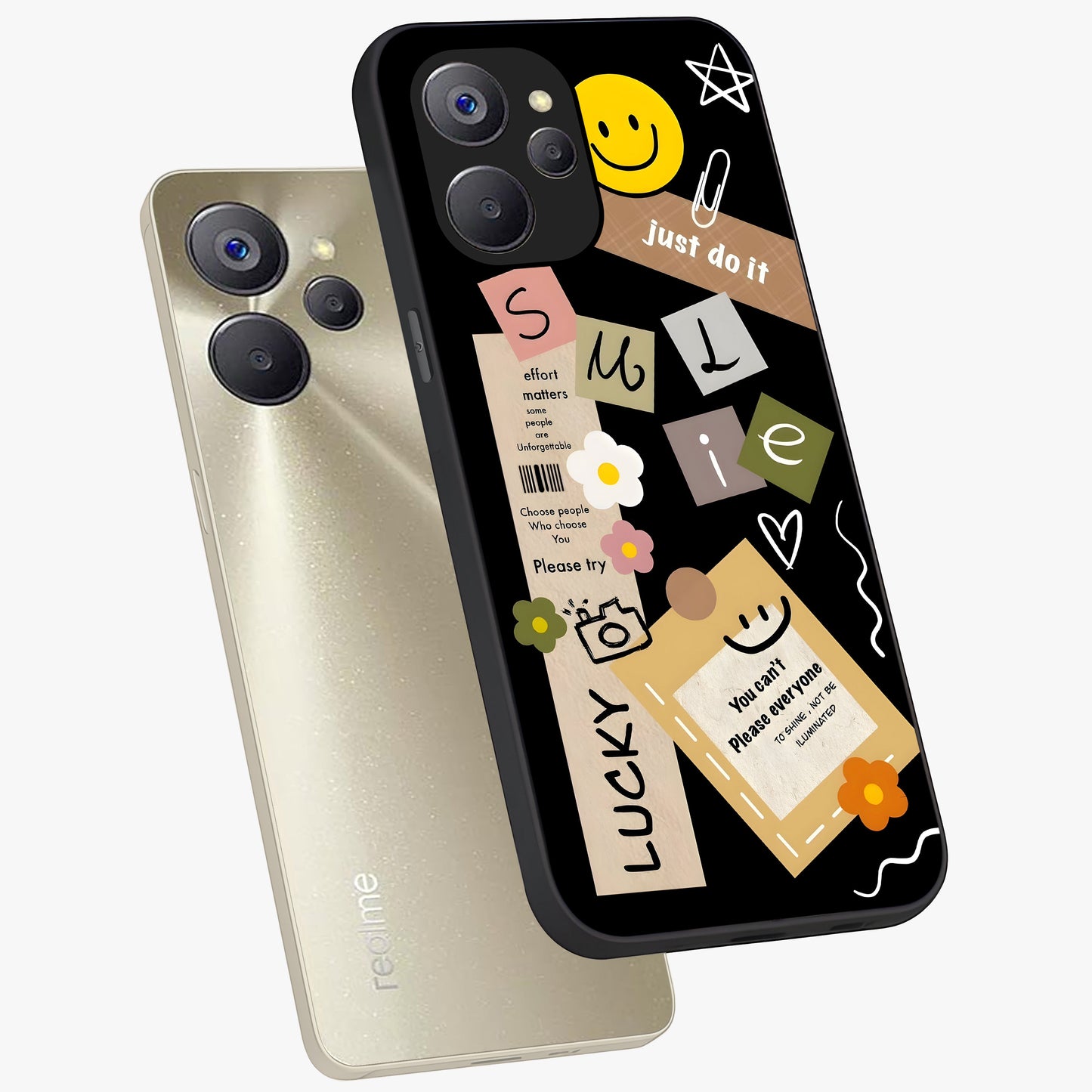 Lucky Aesthetic Collage Glass Case displayed in angled mockup highlighting stylish collage pattern with modern aesthetic vibe.
