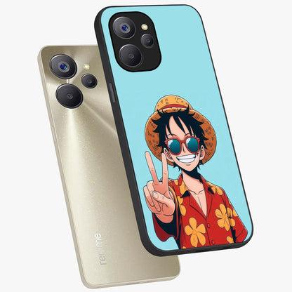 Luffy Summer Anime Vibe Glass Case displayed in angled mockup highlighting energetic anime illustration with summer vibe aesthetic.