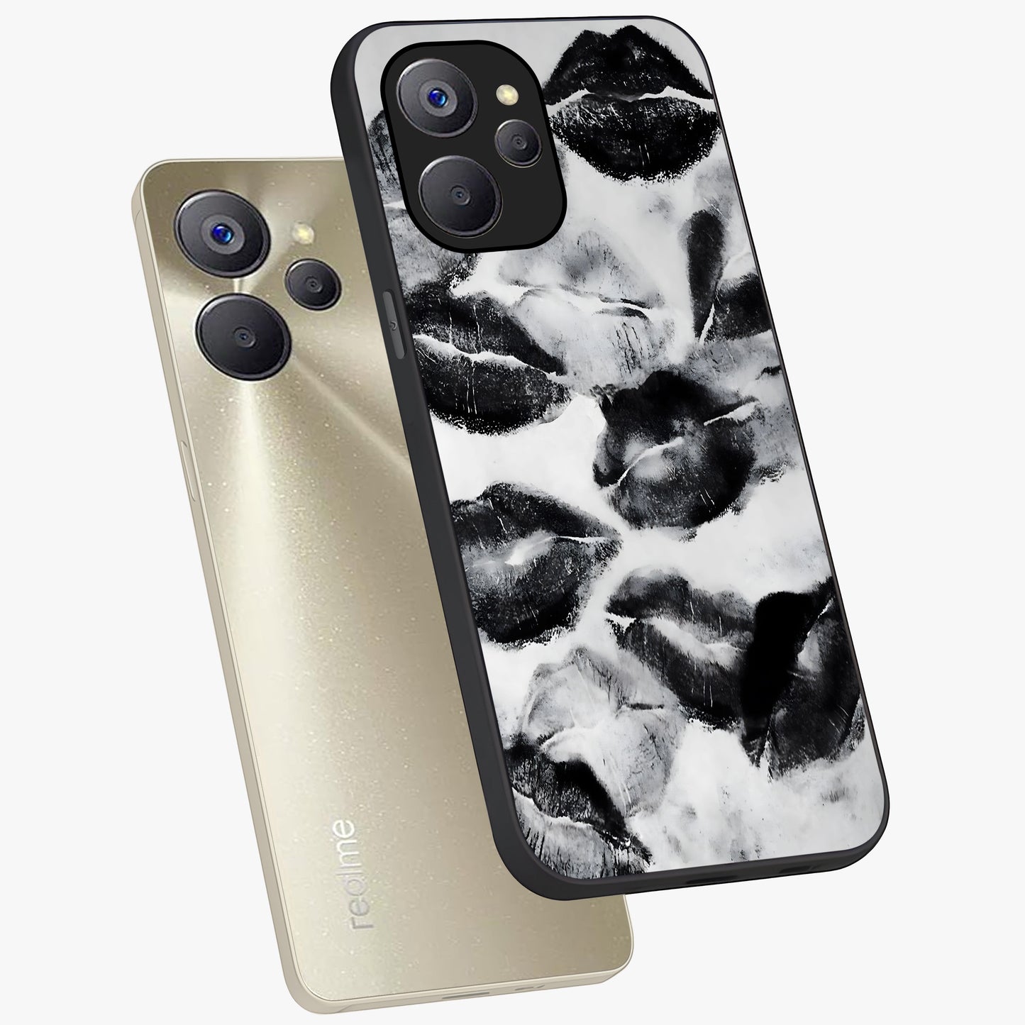 Midnight Kiss Marks Glass Case displayed in angled mockup highlighting playful romantic design with bold midnight aesthetic.