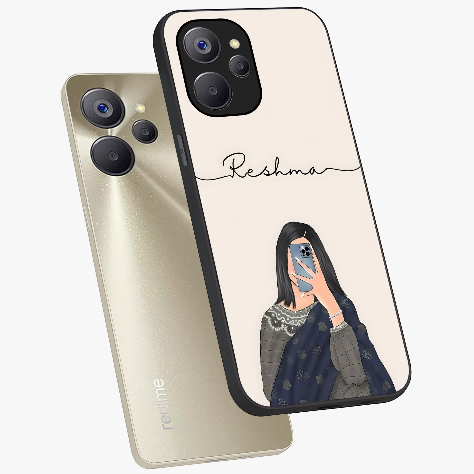 Mirror Mood Muse With Custom Name Glass Case displayed in angled mockup highlighting aesthetic mirror inspired design with custom name feature.