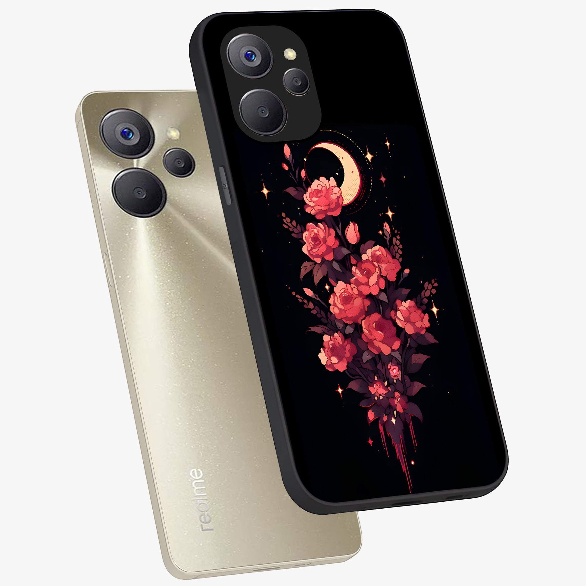 Moonlit Floral Elegance Glass Case displayed in angled mockup highlighting graceful flower design with soft moonlight aesthetic.