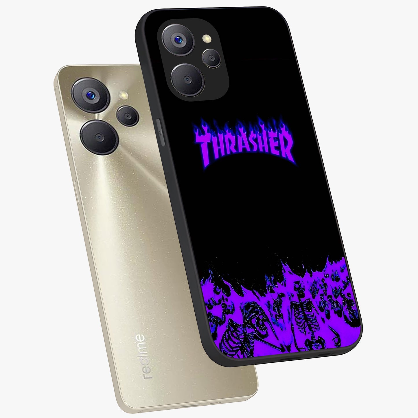 Neon Flame Riot Glass Case displayed in angled mockup highlighting glowing flame design with vibrant neon aesthetic.