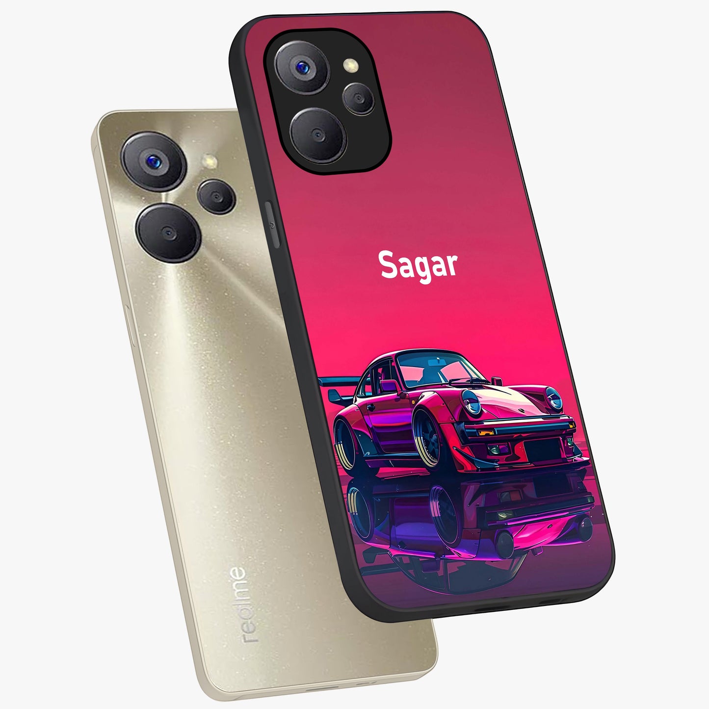 Neon Pink Porsche Glass Case displayed in angled mockup highlighting sleek neon pink car design with racing aesthetic.