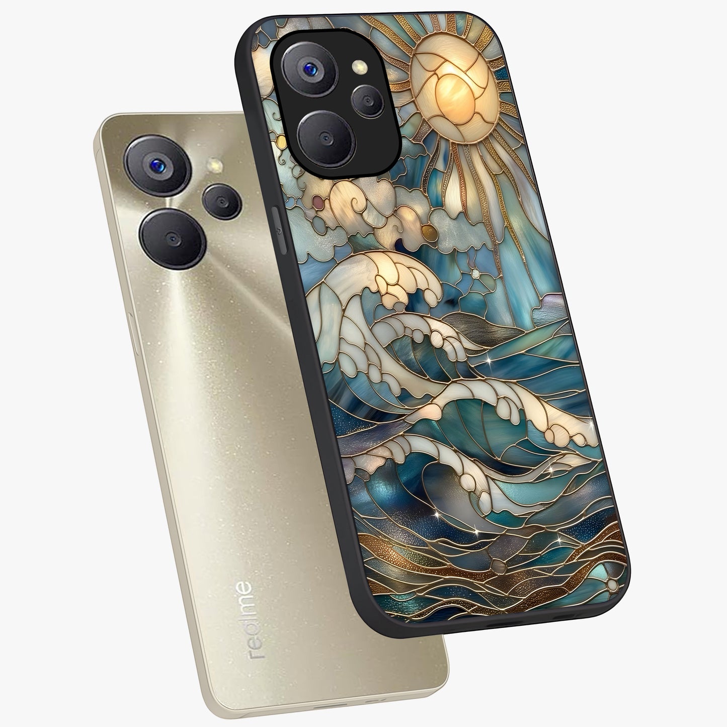 Oceanic Stained Printed Glass Case displayed in angled mockup highlighting colorful aquatic design with artistic aesthetic style.