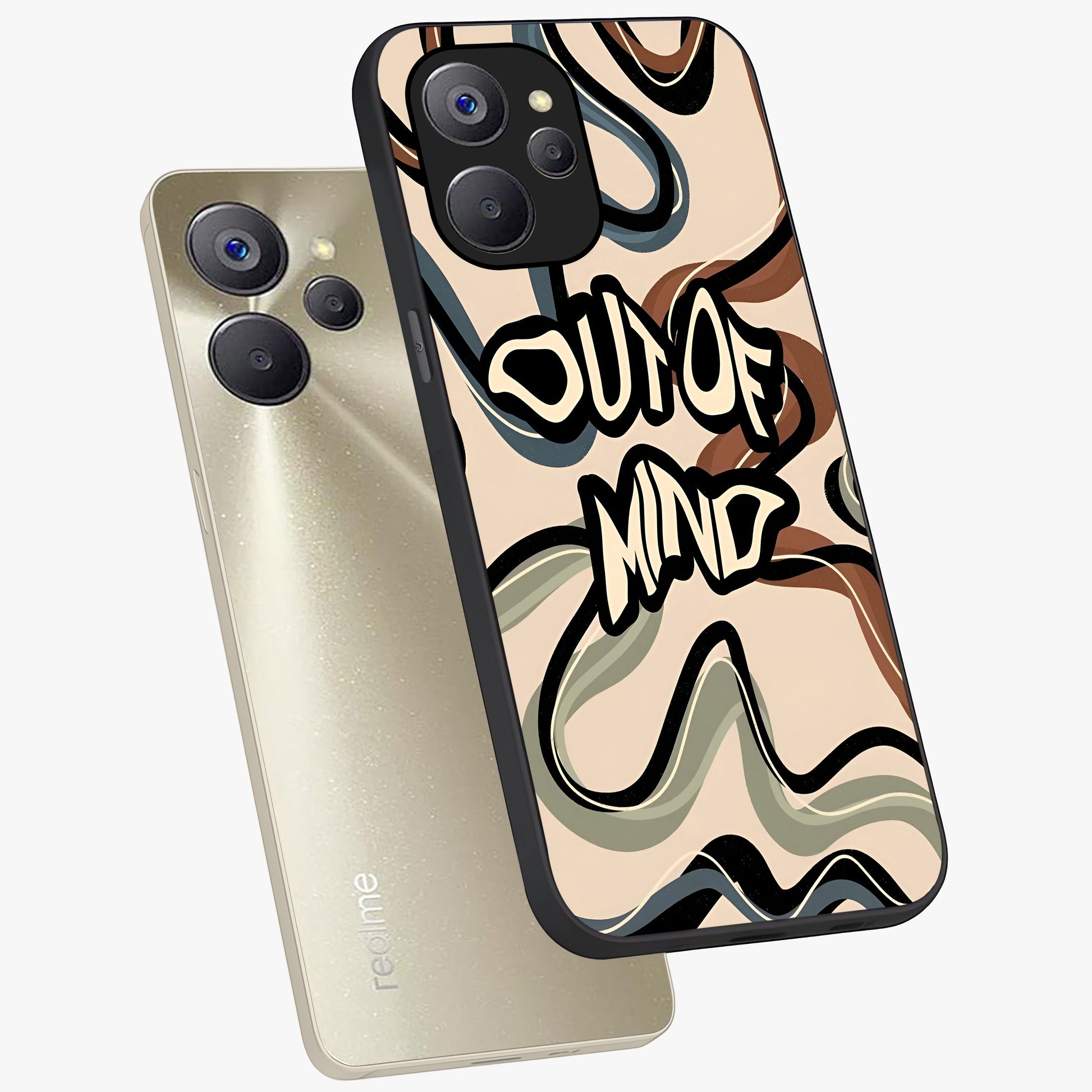 Out Of Mind Glass Case displayed in angled mockup highlighting bold statement design with modern artistic aesthetic.