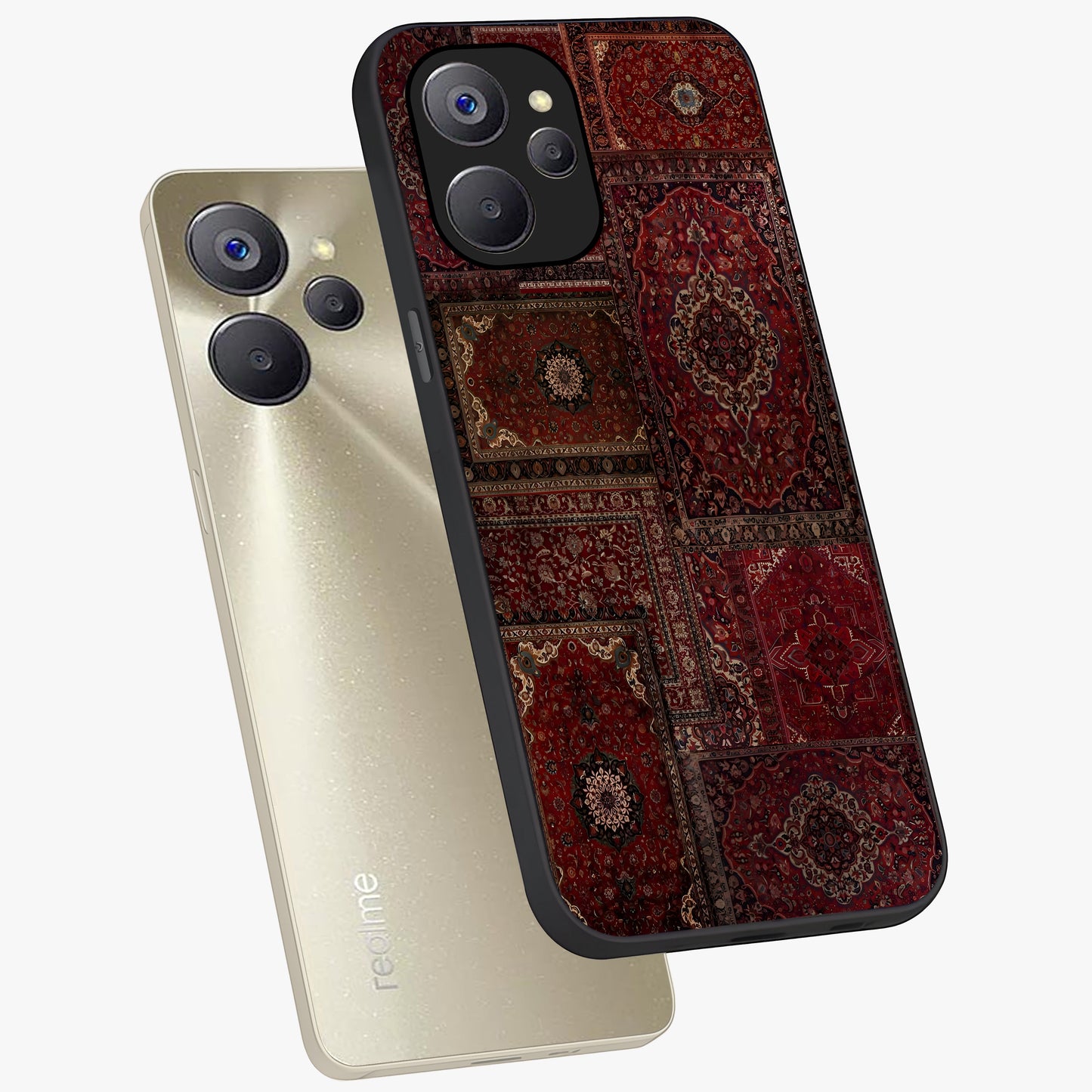 Persian Velvet Tale Glass Case displayed in angled mockup highlighting ornate textile inspired design with royal aesthetic.