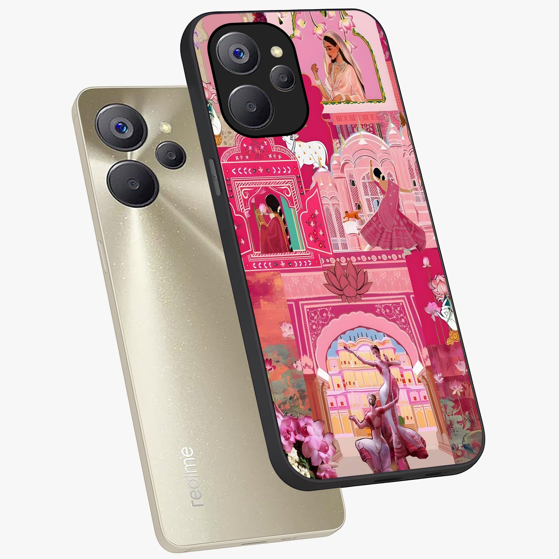Pink Palace Muse Glass Case displayed in angled mockup highlighting dreamy palace illustration with soft pink aesthetic.