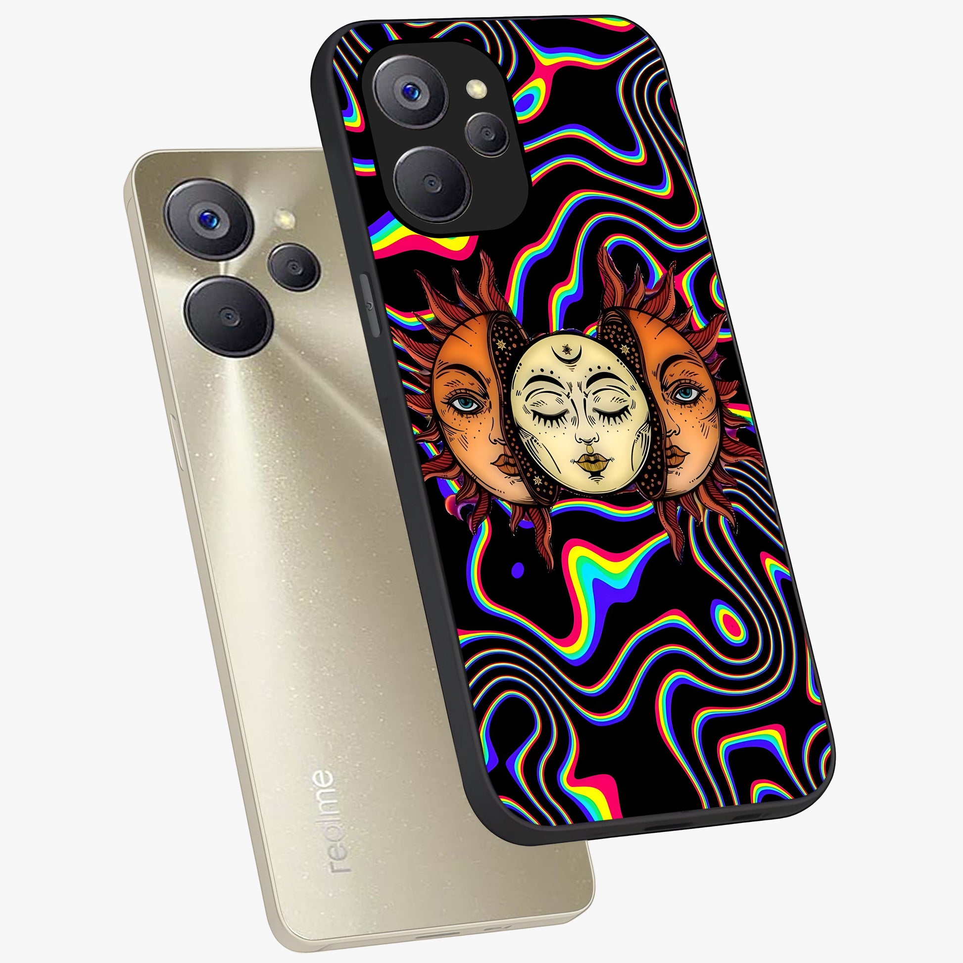 Psychedelic Sun Glass Case displayed in angled mockup highlighting vibrant abstract sun design with artistic aesthetic style.