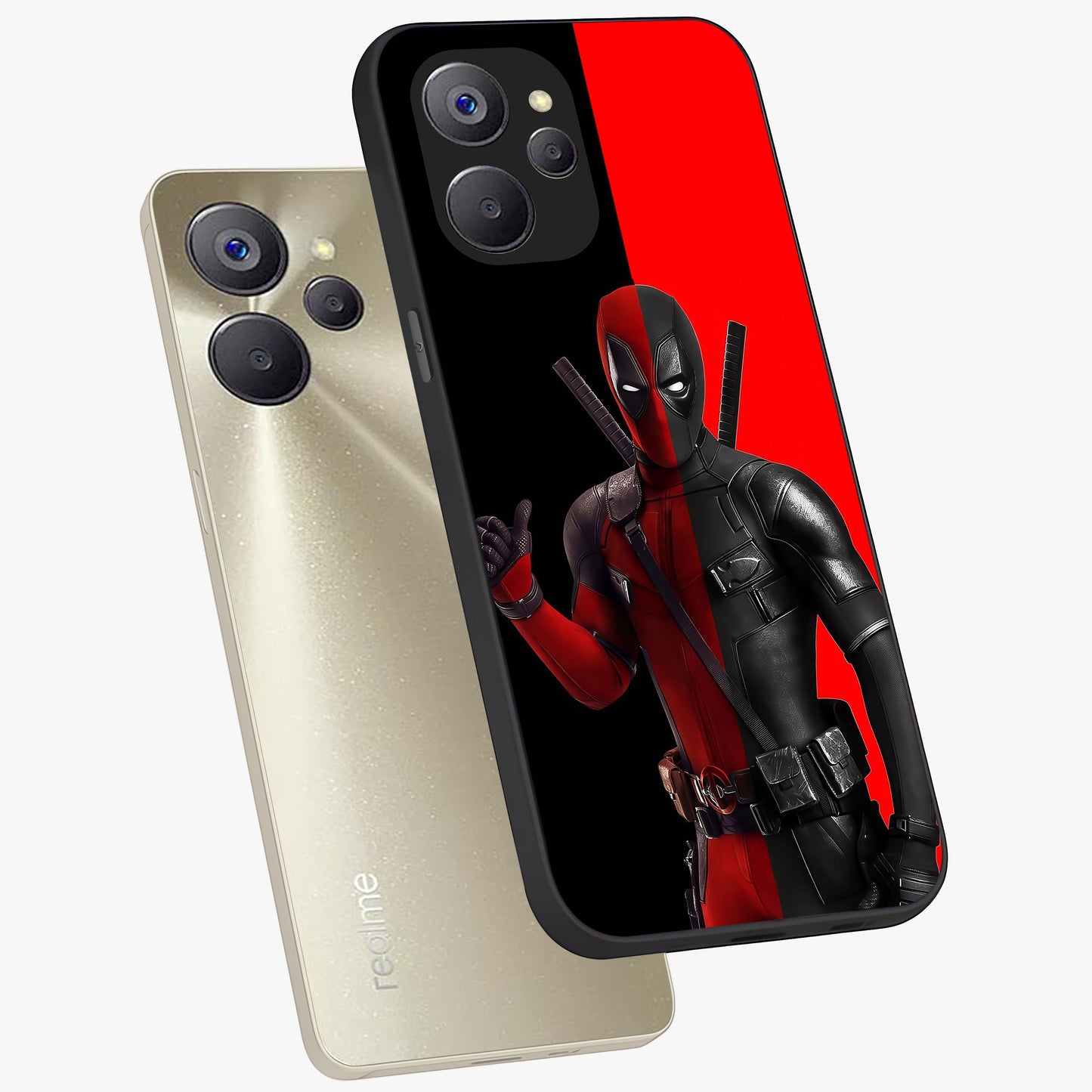 Red & Black Deadpool Theme Glass Case displayed in angled mockup highlighting vibrant superhero style illustration with action aesthetic.