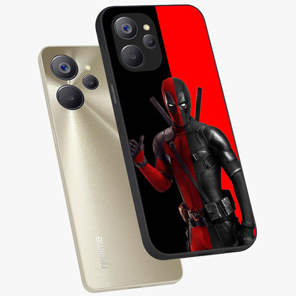 Red & Black Deadpool Theme Glass Case displayed in angled mockup highlighting vibrant superhero style illustration with action aesthetic.