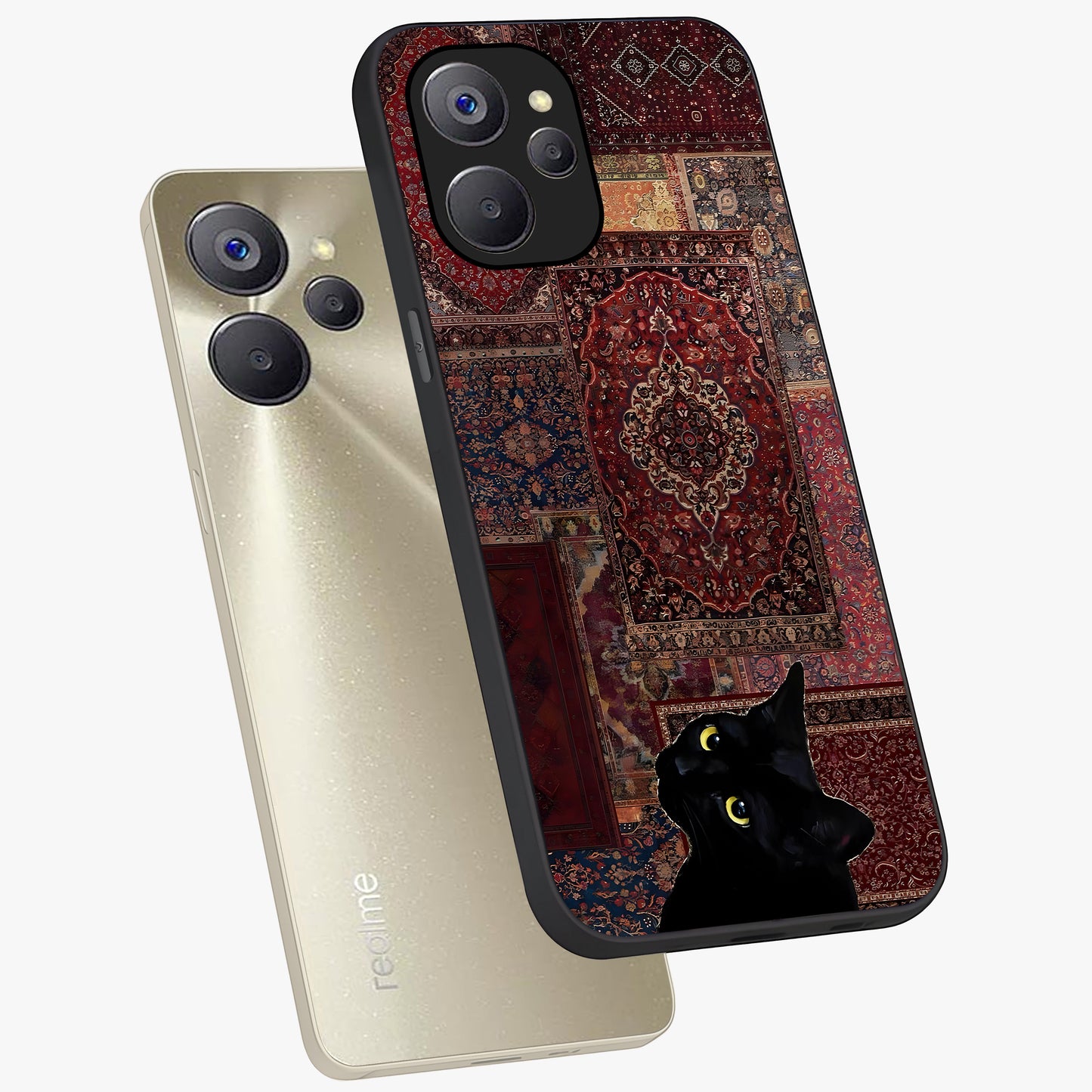 Regal Magic Cat Apple Glass Case displayed in angled mockup highlighting whimsical feline design with fantasy aesthetic.