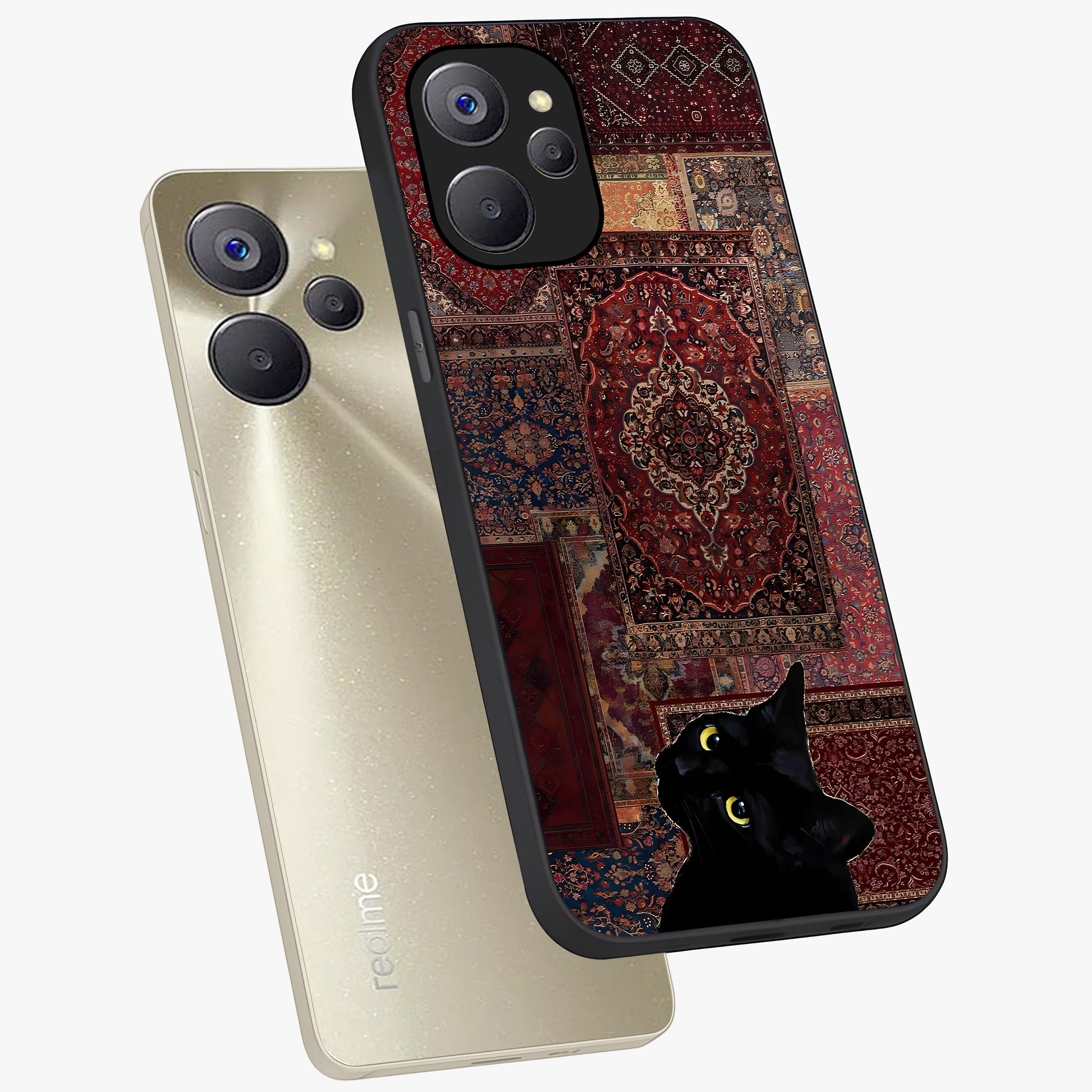Regal Magic Cat Apple Glass Case displayed in angled mockup highlighting whimsical feline design with fantasy aesthetic.