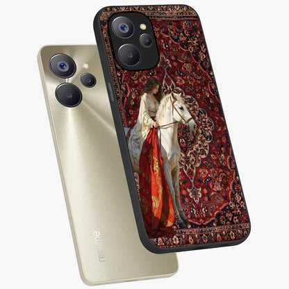 Royal Rider Tapestry Glass Case displayed in angled mockup highlighting traditional tapestry design with royal heritage aesthetic.