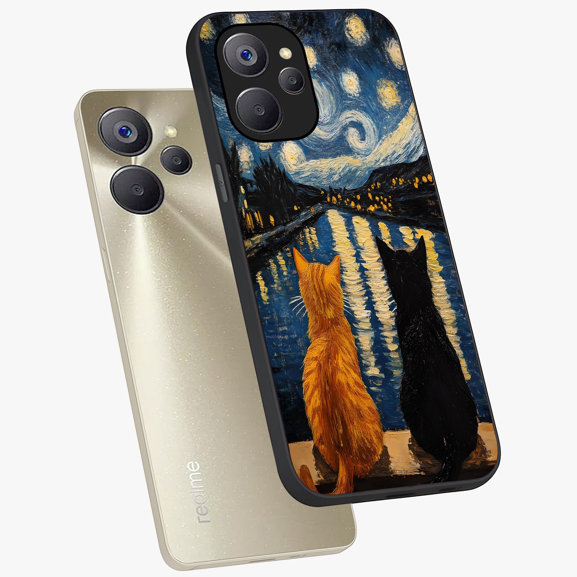 Starry River Cats Glass Case displayed in angled mockup highlighting charming feline illustration with dreamy night aesthetic.