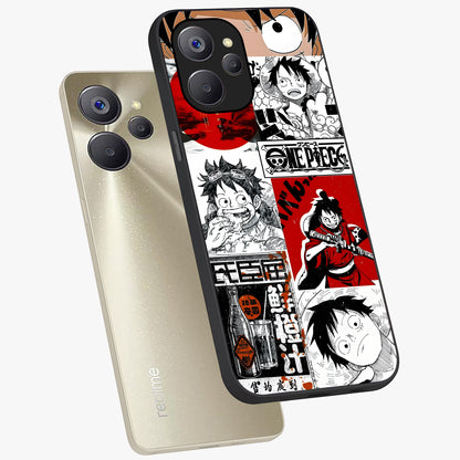 Strawhat Chaos Panels Glass Case displayed in angled mockup highlighting vibrant anime collage design with action aesthetic.