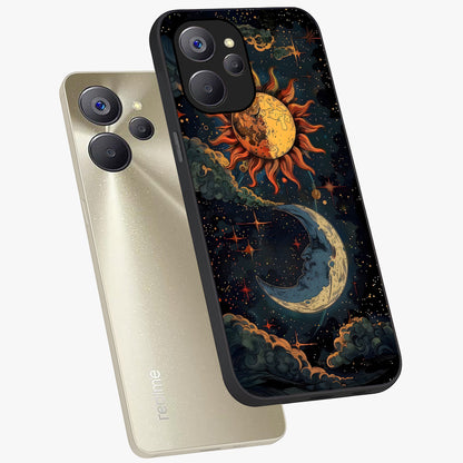 Sun And Moon Magic Design Glass Case displayed in angled mockup highlighting celestial design with magical cosmic aesthetic.