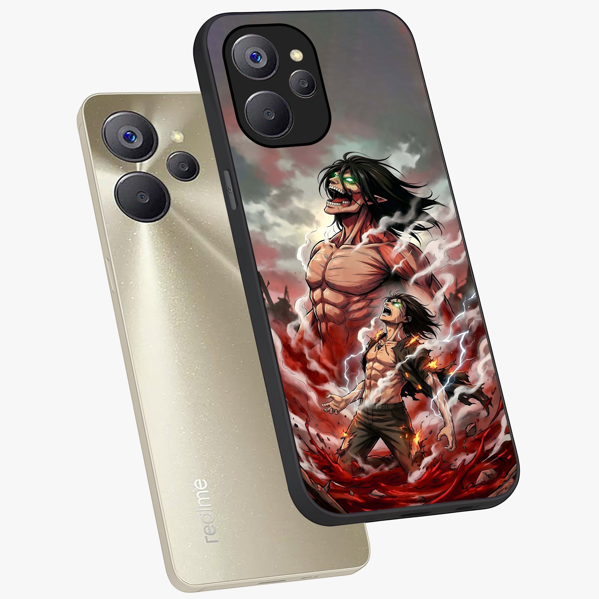 Titan Awakening Fury Glass Case displayed in angled mockup highlighting dramatic giant warrior design with bold anime aesthetic.