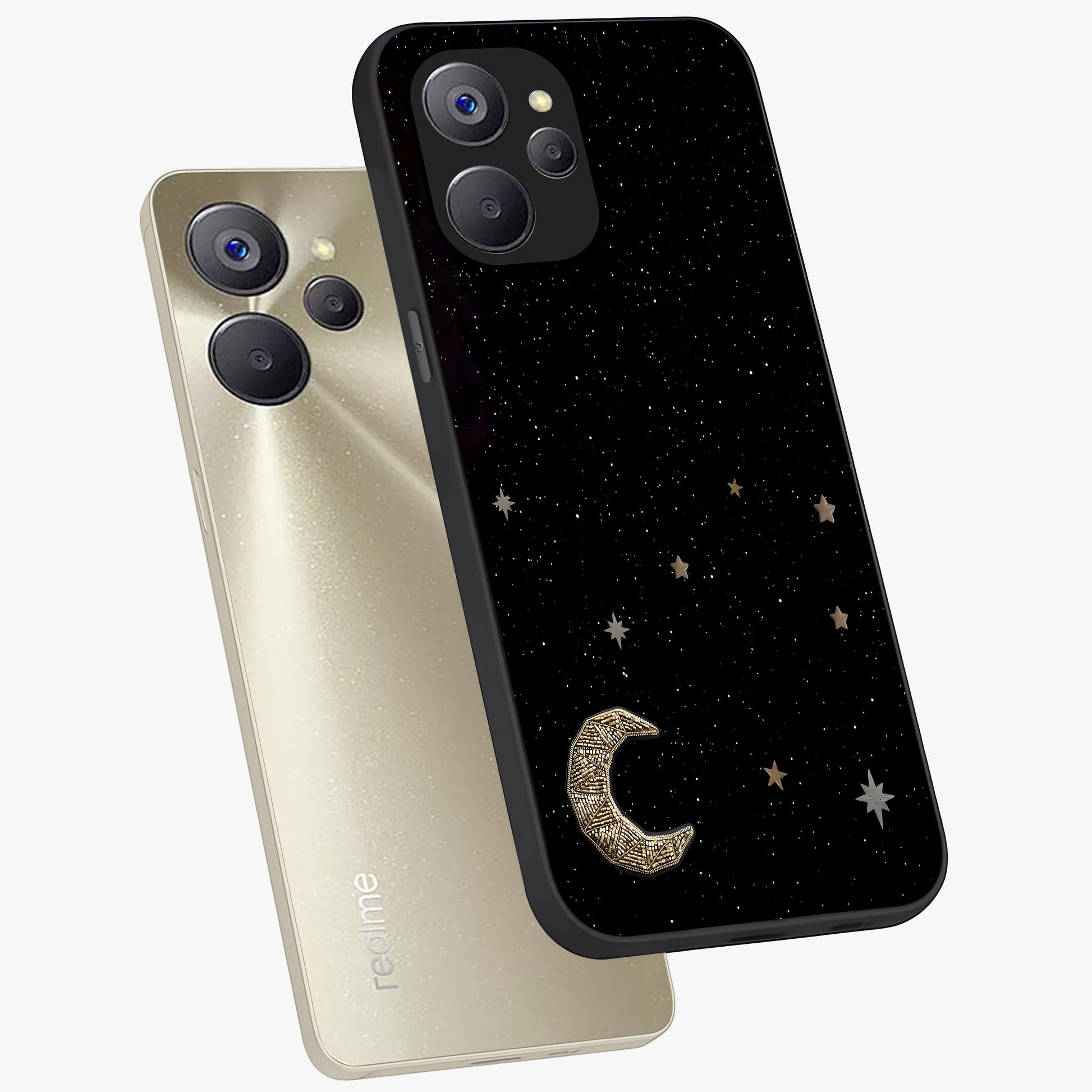 Twinkle Star With Half Moon Glass Case displayed in angled mockup highlighting celestial moon and star design with magical aesthetic.