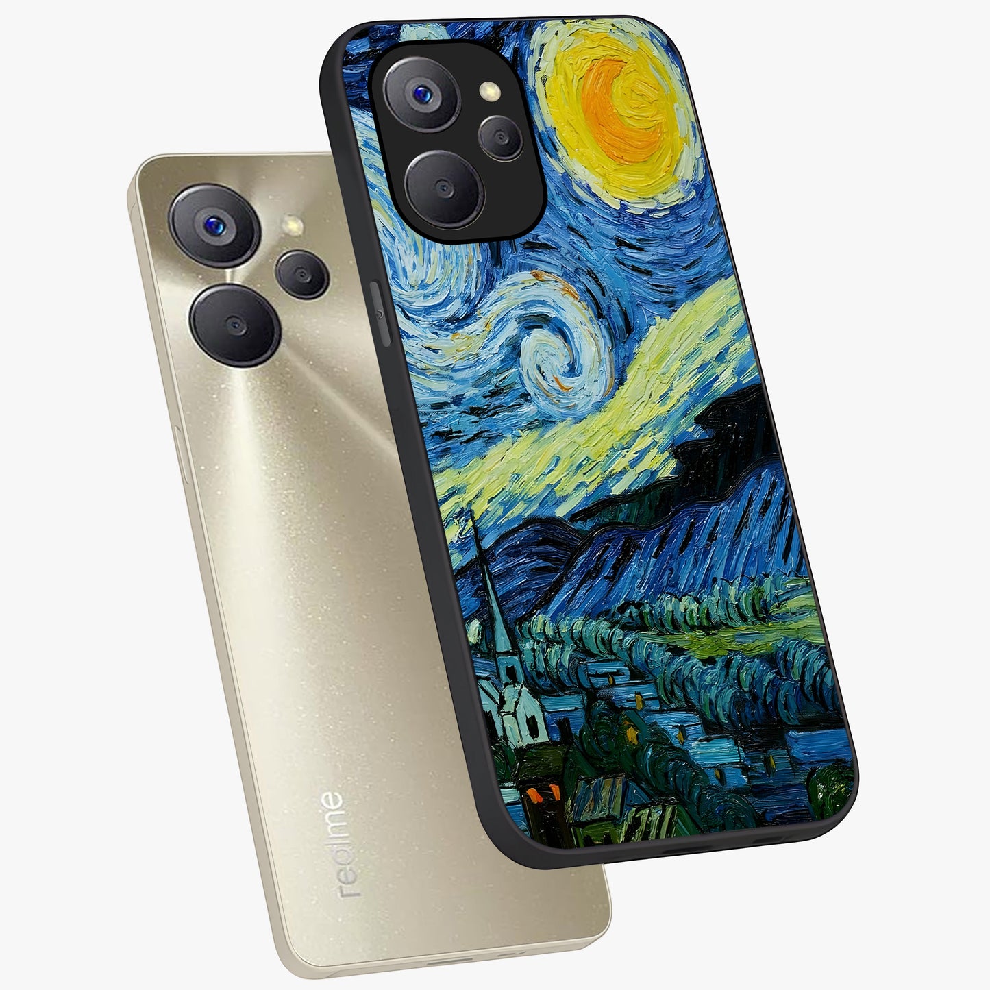 Van Gogh Art Glass Case displayed in angled mockup highlighting swirling brushstroke design with artistic aesthetic.