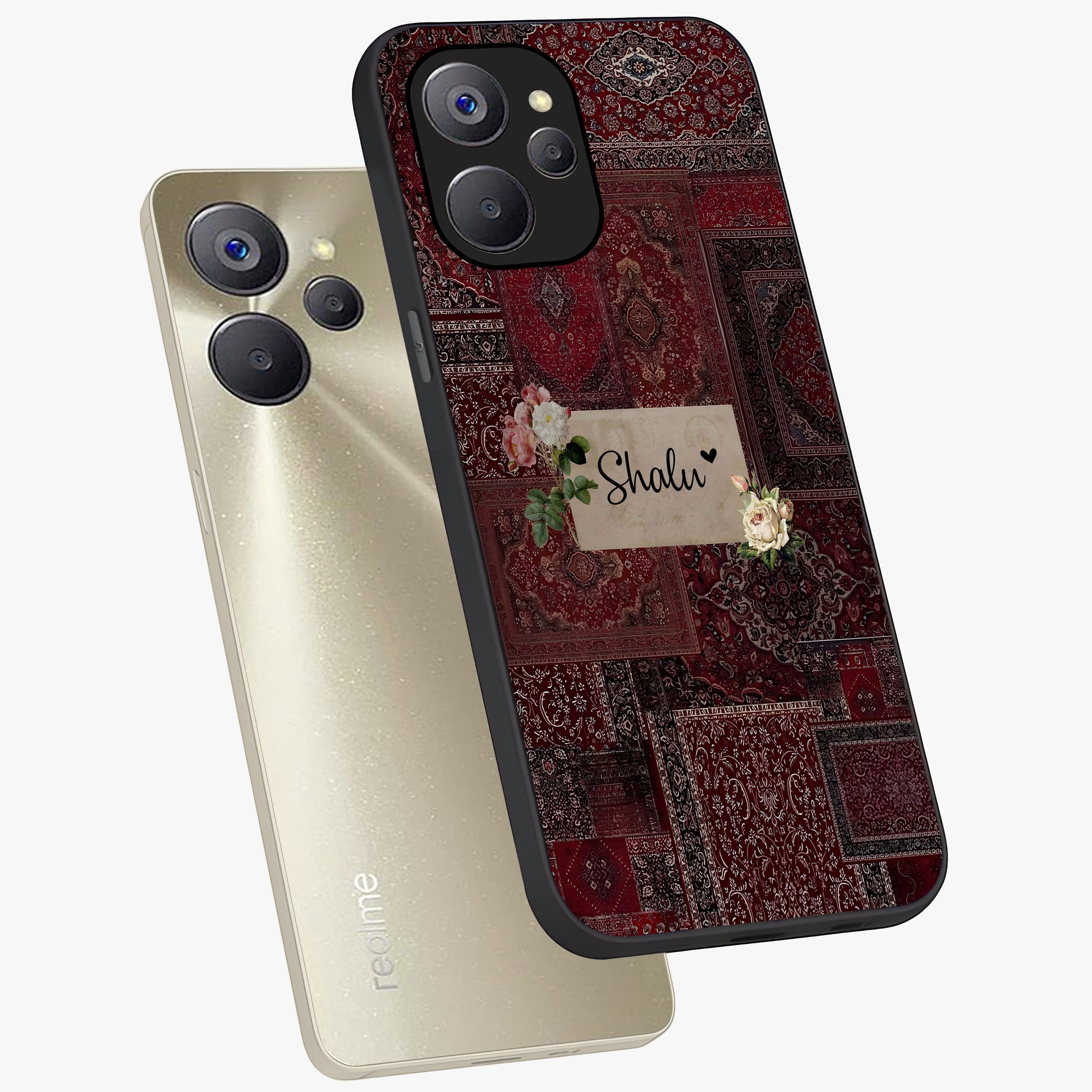 Velvet Wine Pattern Custom Name Glass Case displayed in angled mockup highlighting decorative velvet inspired design with custom name feature.
