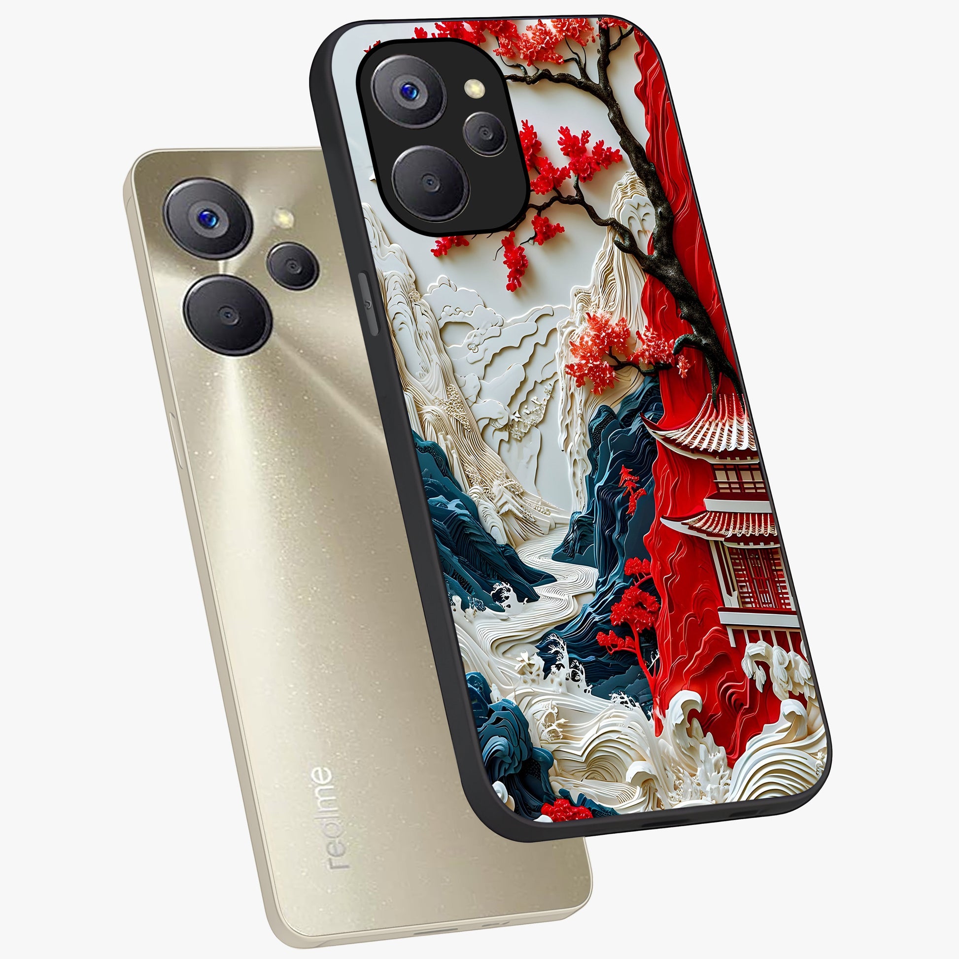 Whispers Of Sakura Waves Glass Case displayed in angled mockup highlighting flowing sakura design with soft floral aesthetic.